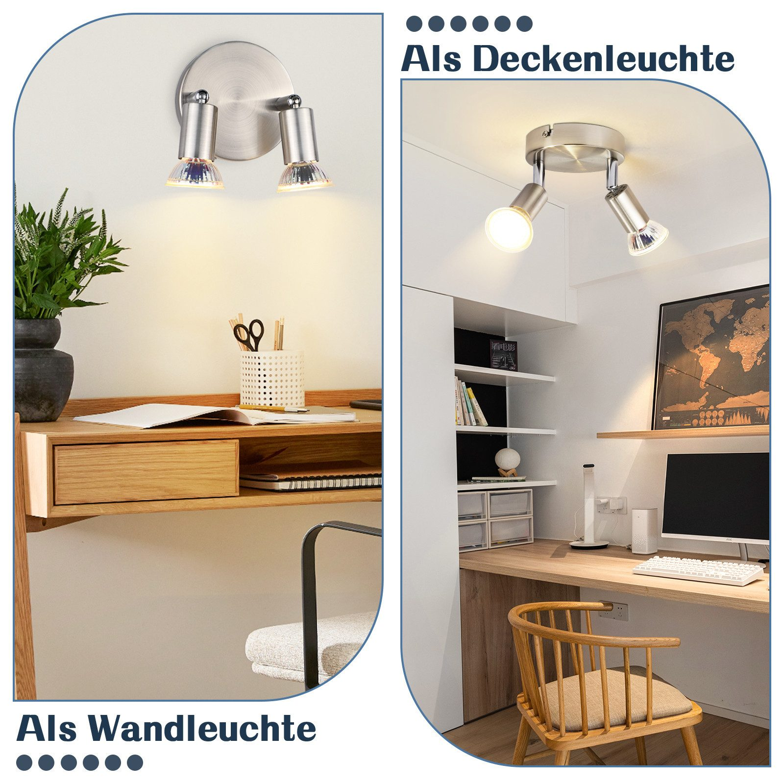 Due immagini che mostrano una lampada da parete e una da soffitto. Le luci hanno un design moderno e minimalista.