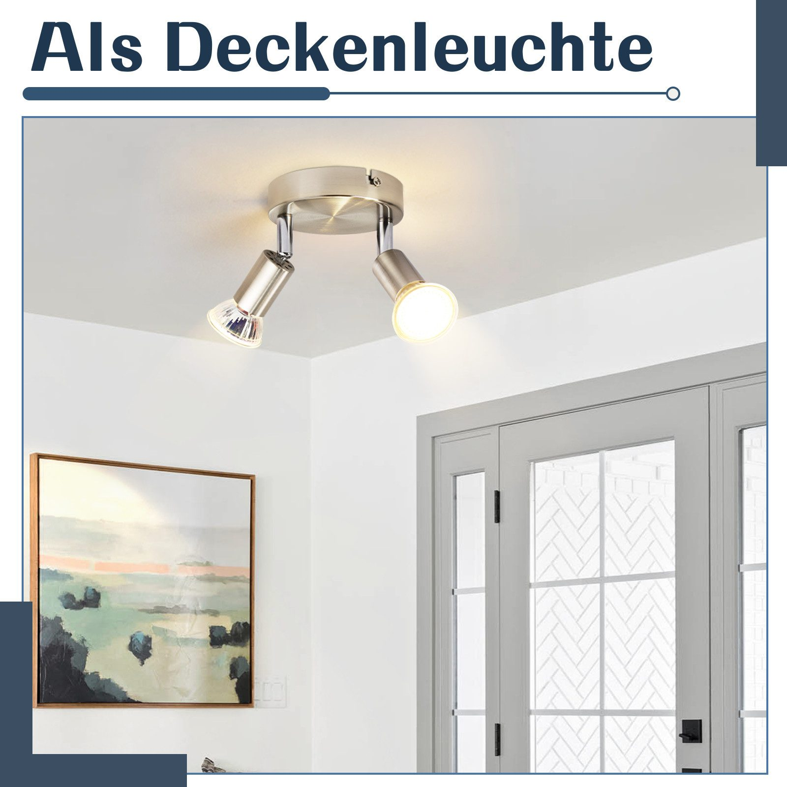 Due faretti a soffitto. Il soffitto è bianco e la stanza ha una porta e un dipinto.