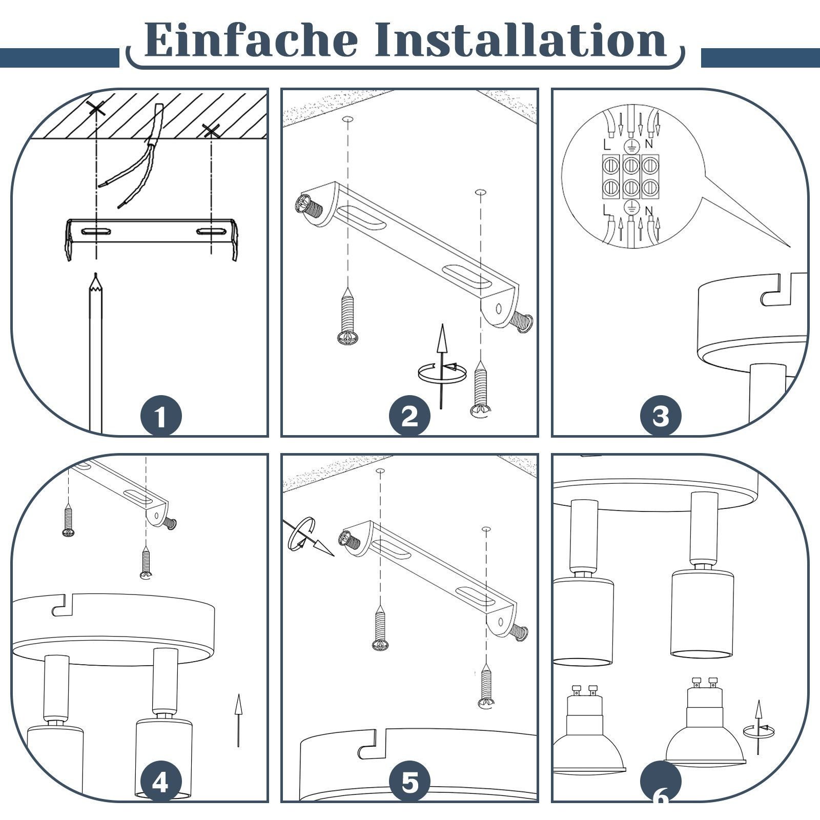 Diagramma dei passaggi di installazione con 6 pannelli che mostrano il fissaggio di un apparecchio al soffitto.
