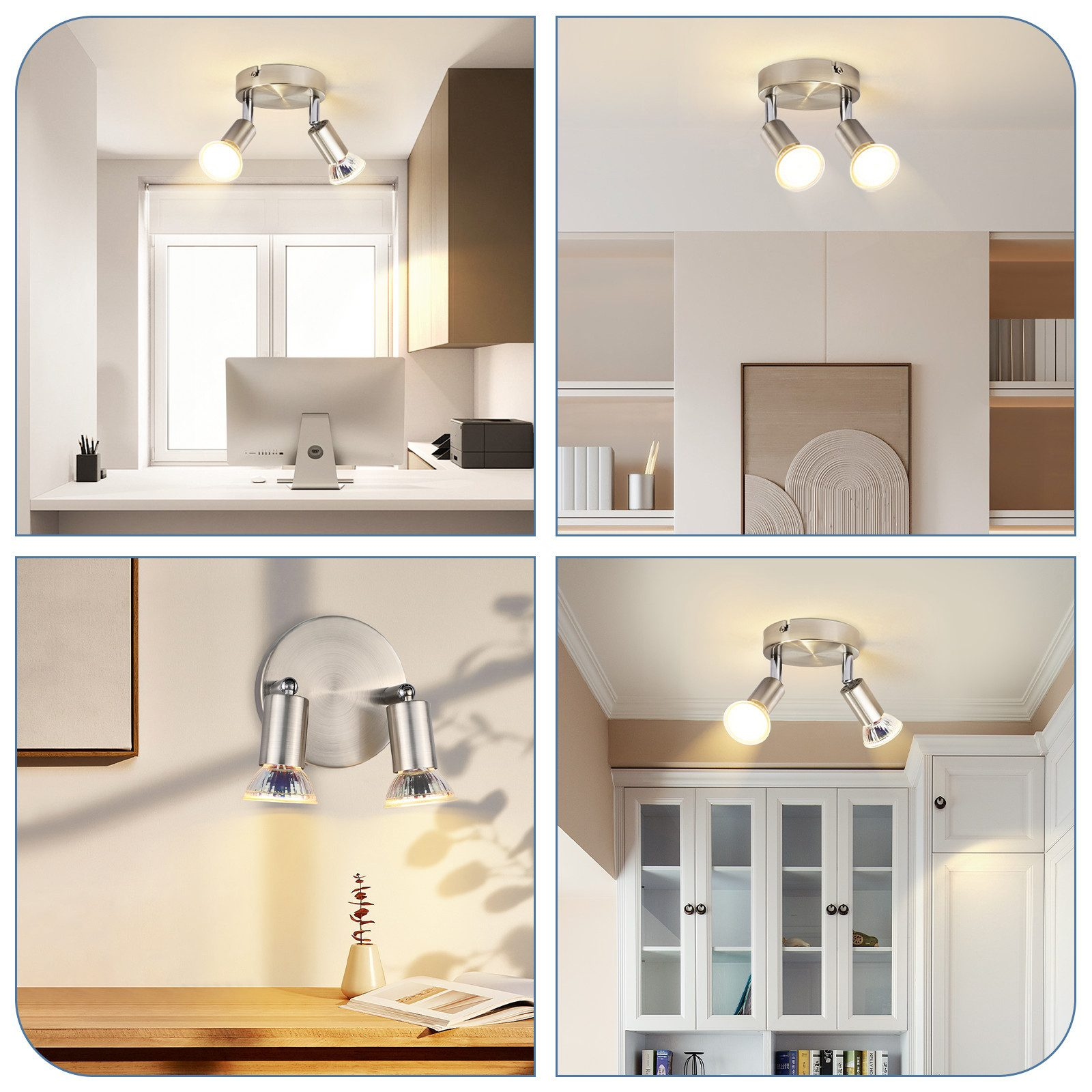 Varie stanze con lampade a soffitto. Include una scrivania, una cucina e un bagno con elementi decorativi.