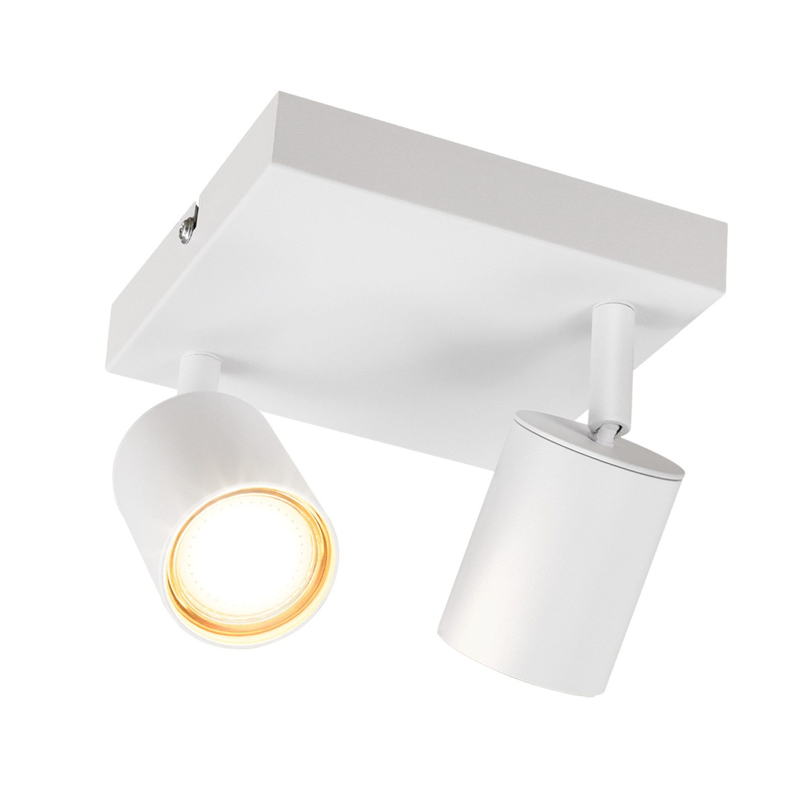 Lampada da soffitto bianca con due faretti regolabili. Sfondo bianco.
