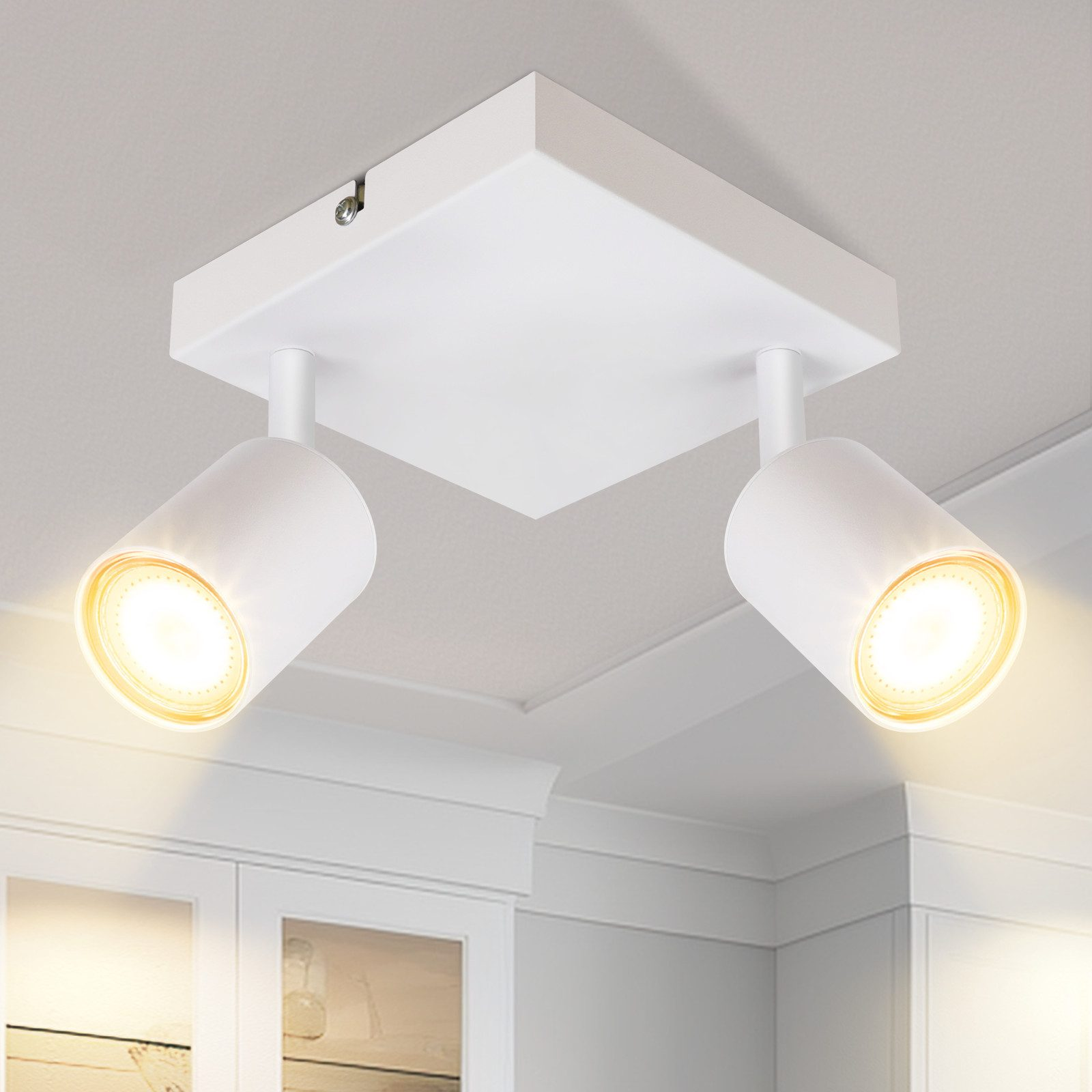 Faretti da soffitto bianchi, due luci, rivolti verso il basso. Montati su un soffitto bianco.
