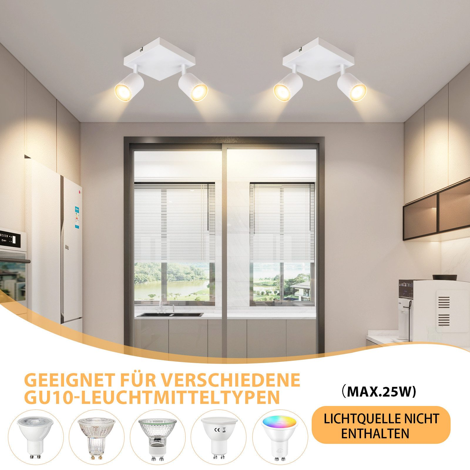 Due plafoniere con quadrati bianchi e lampadine. Varie lampadine sono mostrate sotto in una fila.