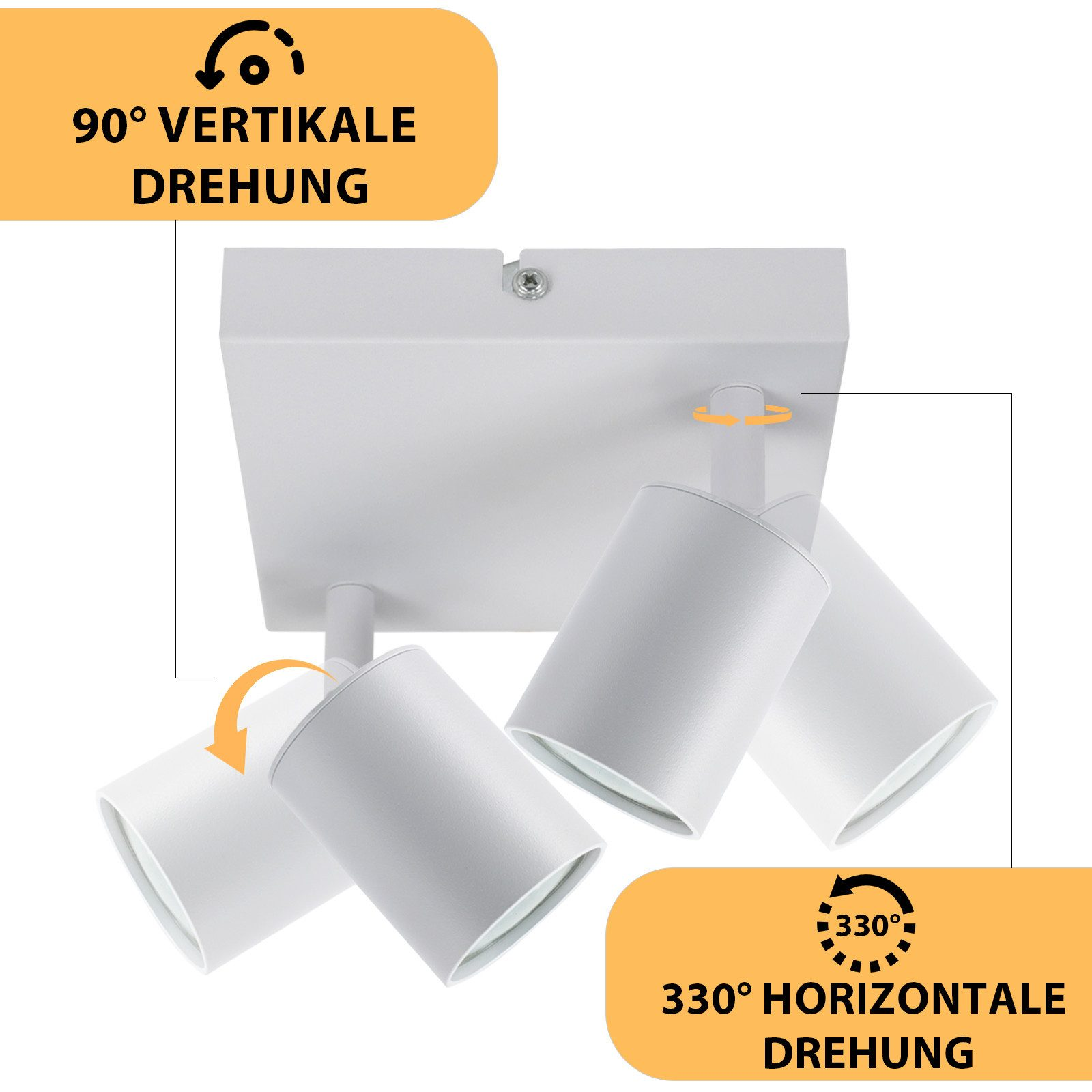 Un faretto bianco con lampade girevoli. Mostra angoli di rotazione verticali di 90° e orizzontali di 330°.