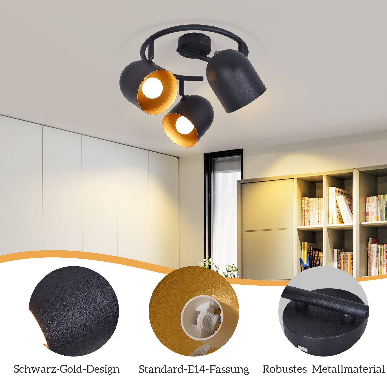 Un faretto nero da soffitto con tre faretti orientabili. L'immagine mostra anche primi piani dei dettagli.