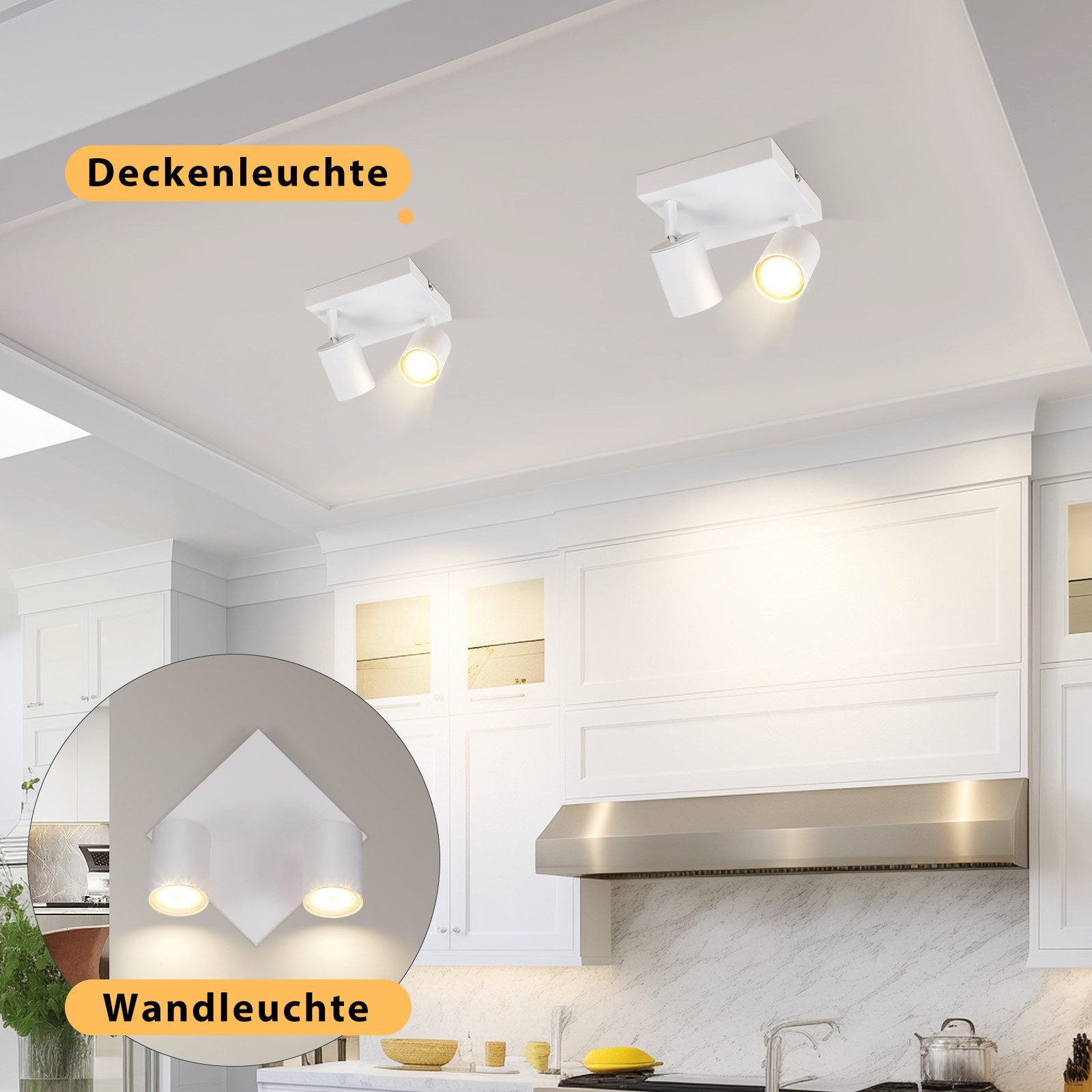 Due luci da soffitto bianche installate su un soffitto bianco. Una è una plafoniera e una è una lampada da parete.