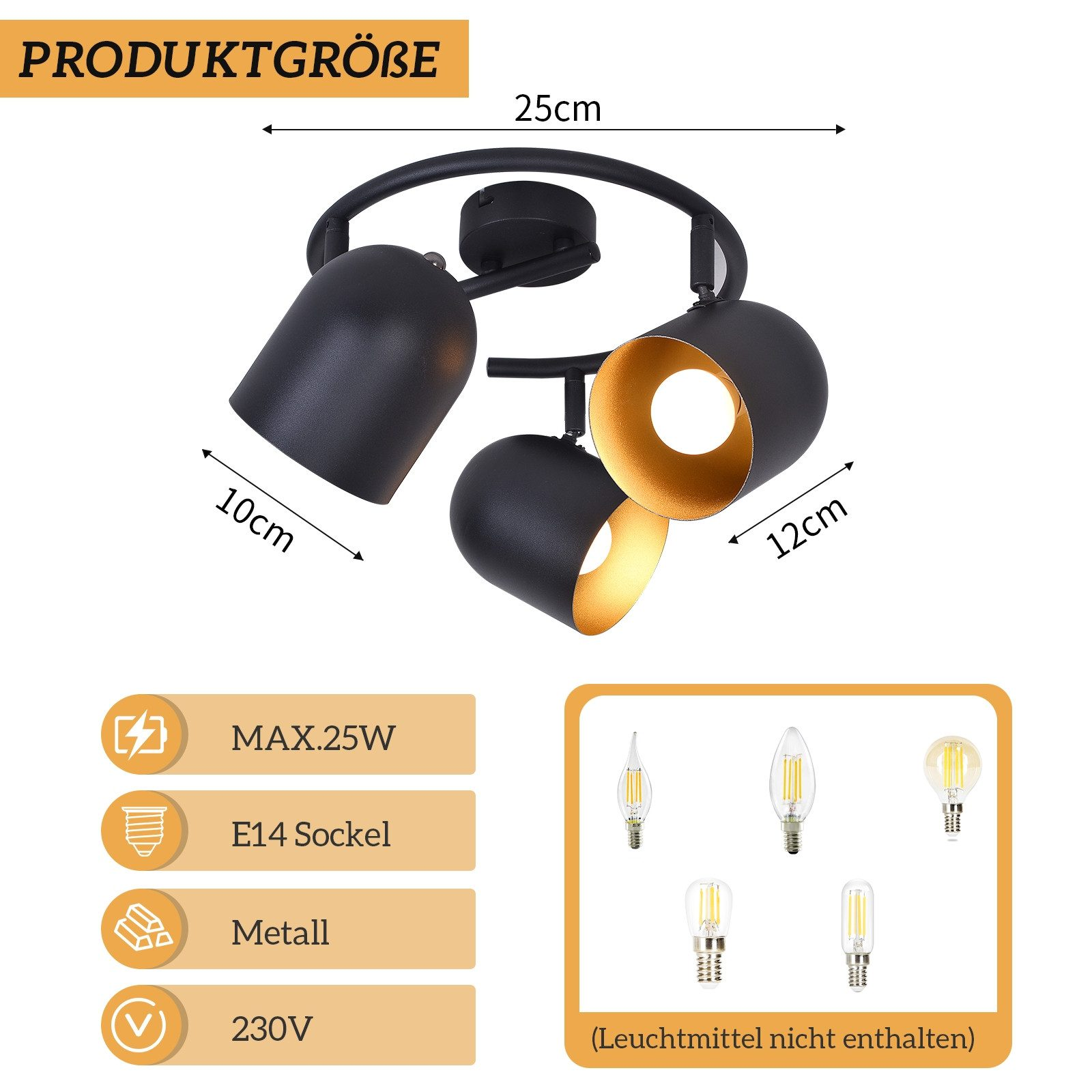 Apparecchio con faretti neri con 3 lampade, oro all'interno. Sono mostrate dimensioni e lampadine.