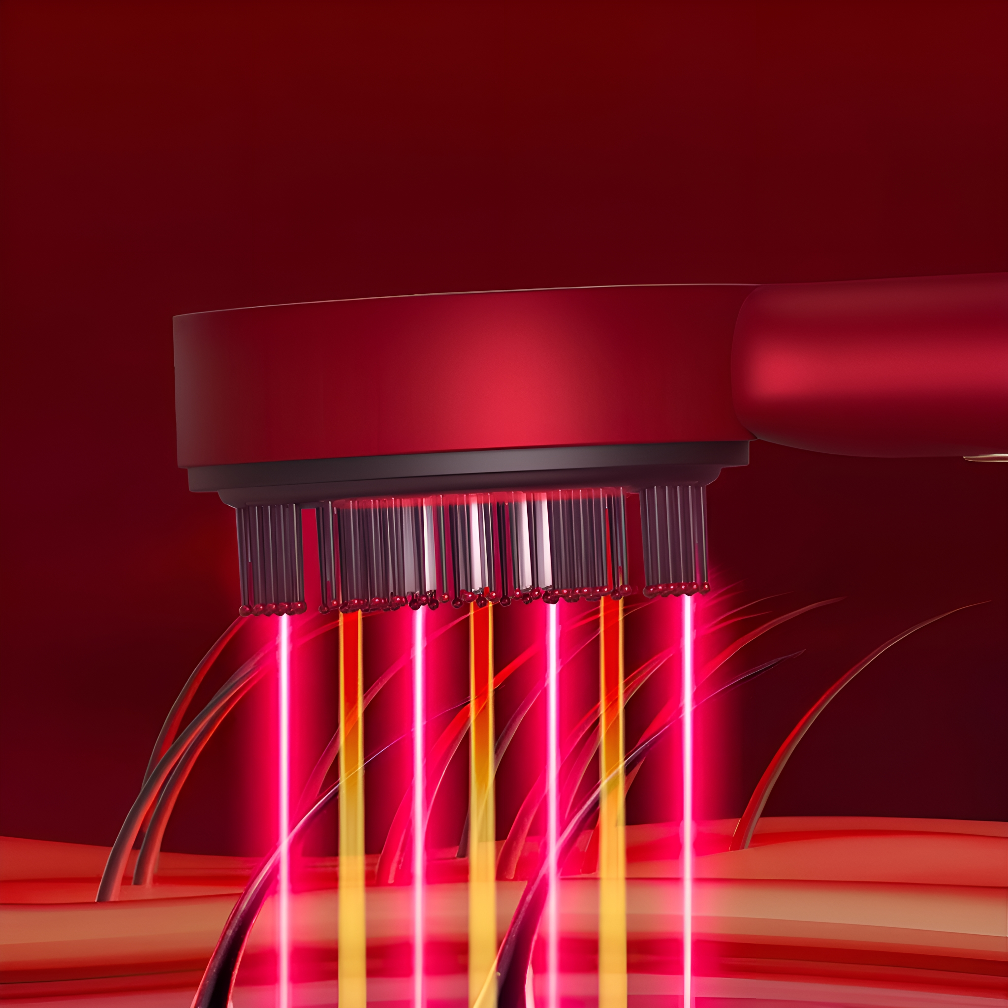 Nahaufnahme eines roten Haarbehandlungsgeräts, das rotes und gelbes Licht emittiert. Roter Hintergrund.