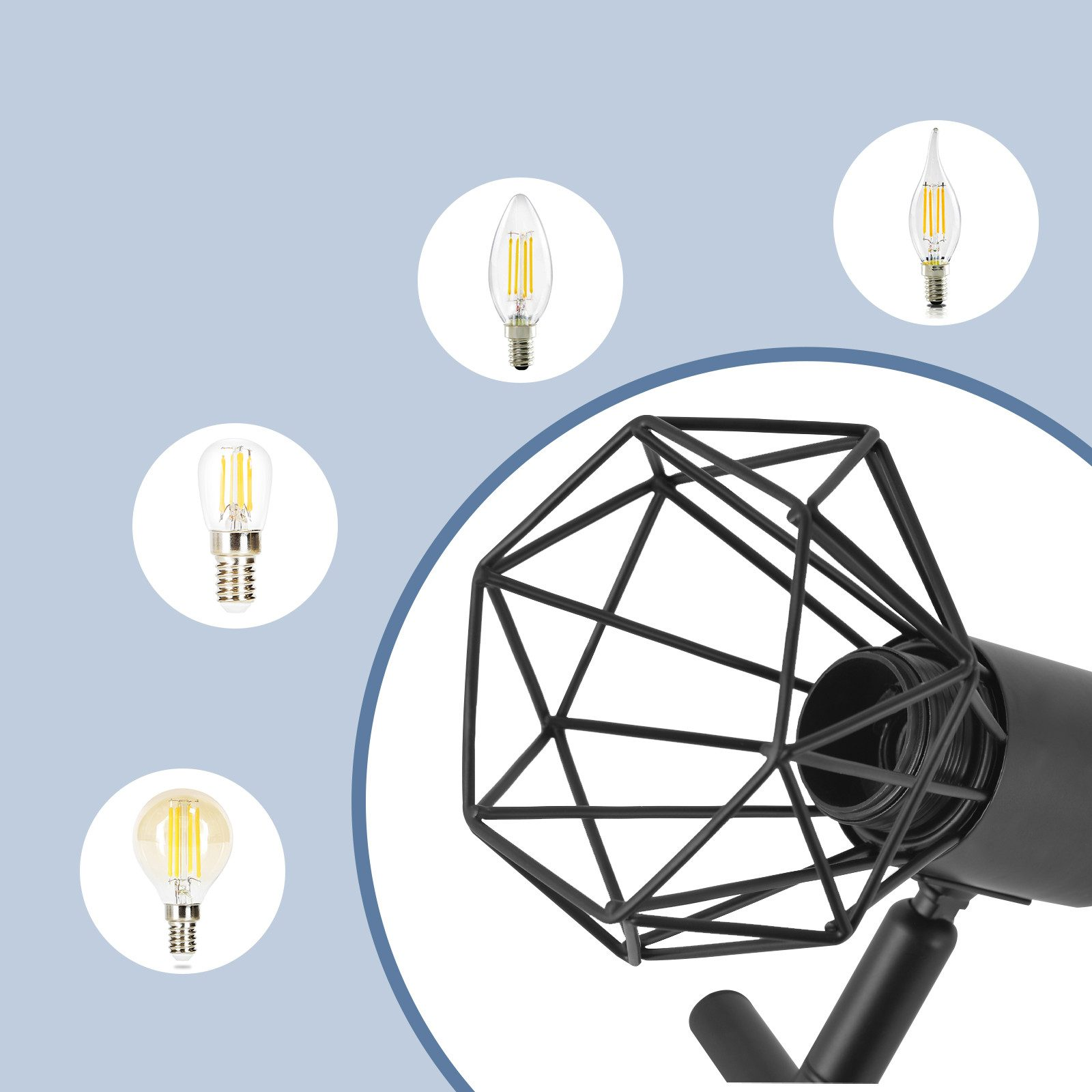 Primo piano della lampada, con diversi tipi di lampadine. Gabbia geometrica. Nero e oro.