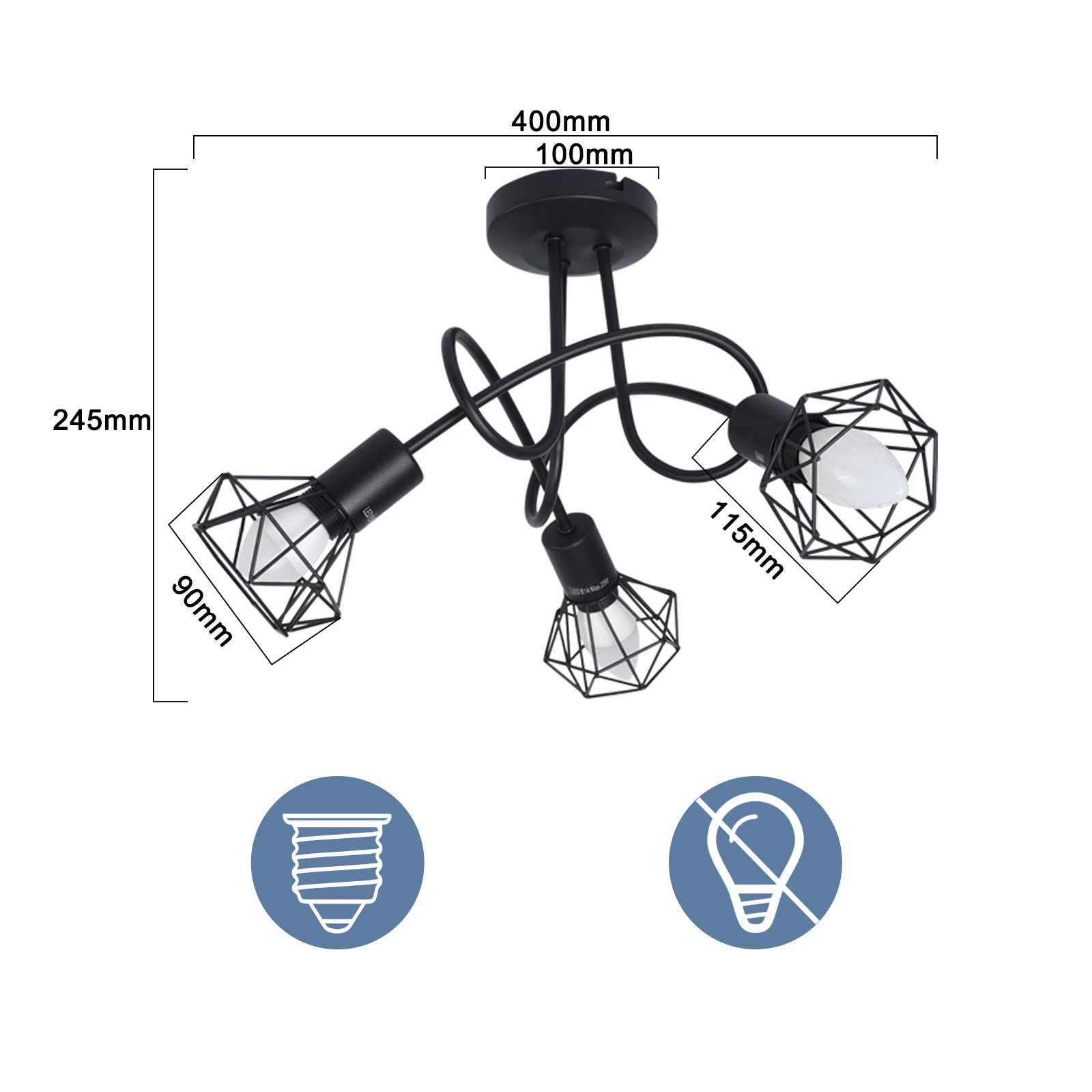 Lampada da soffitto nera con tre luci. Dimensioni in mm. Due icone in basso.