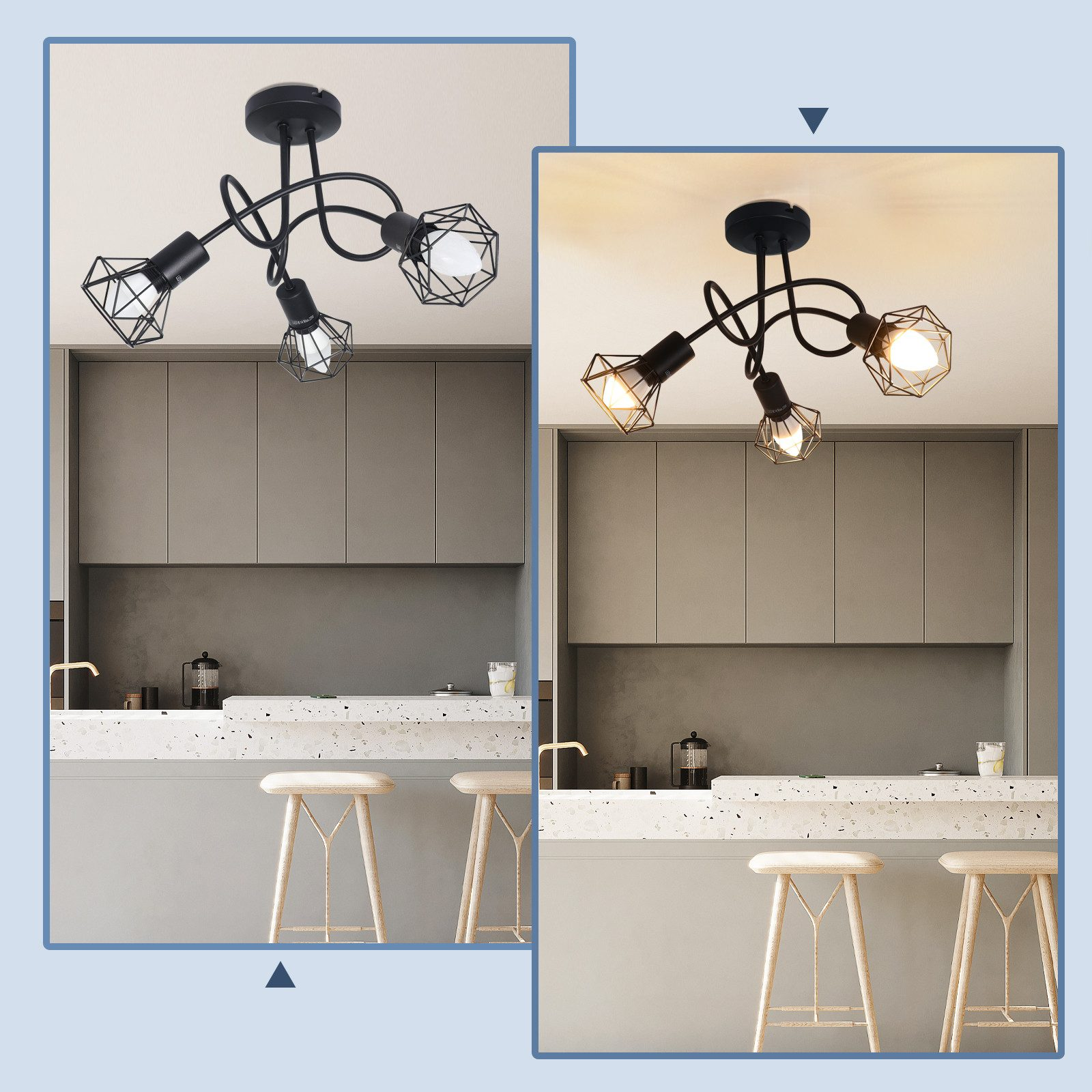 Lampade a soffitto in una cucina con due diversi scenari di illuminazione.