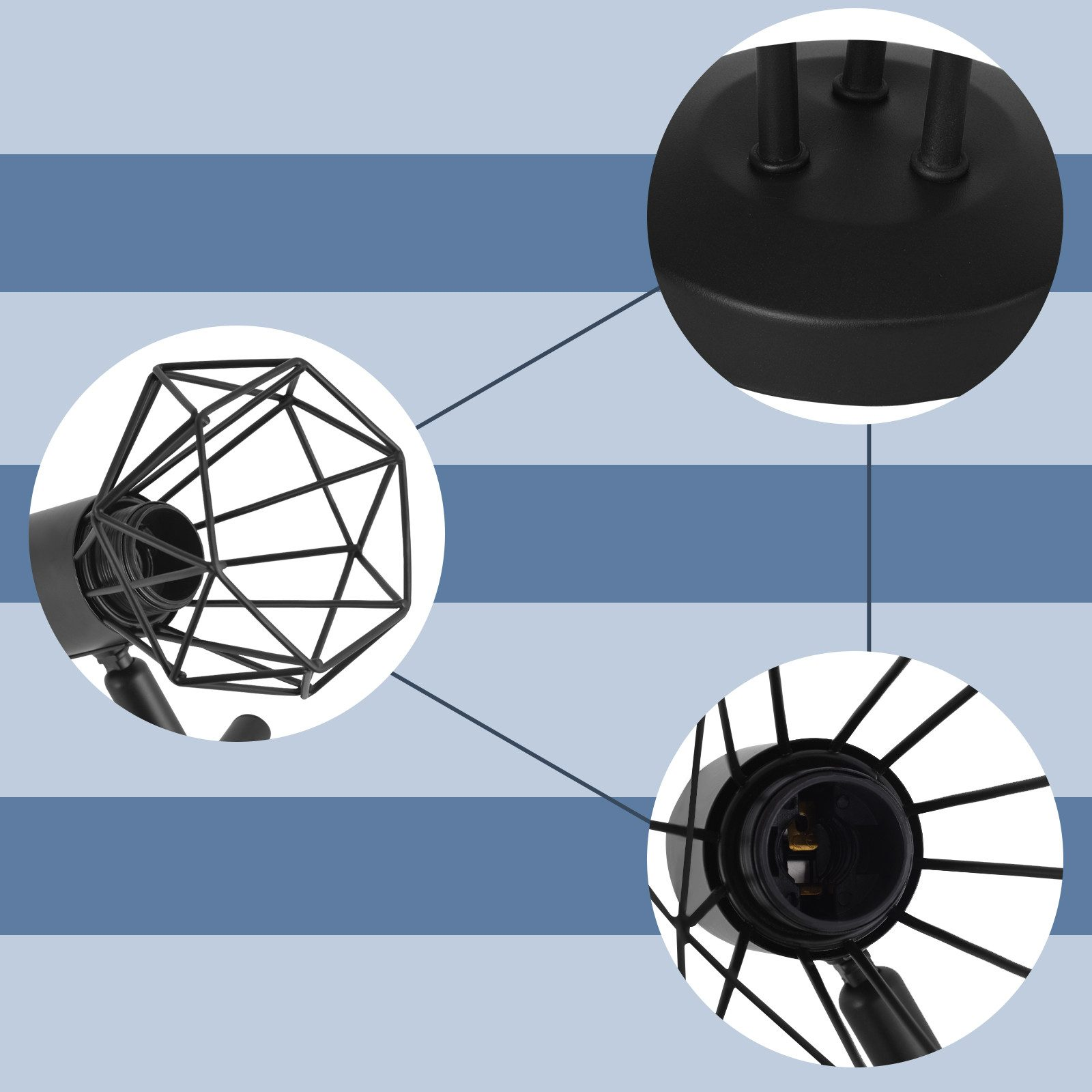 Dettagli di una lampada a gabbia nera con base nera e la lampadina interna della lampada.