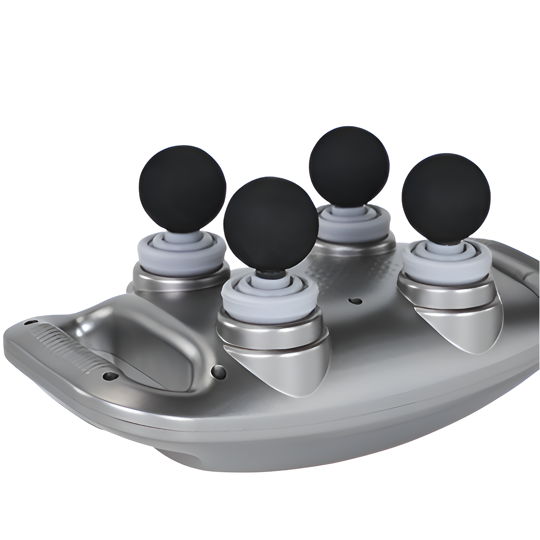 Ein silbernes Gerät mit vier schwarzen, kugelartigen Joysticks aus der Nähe gesehen.