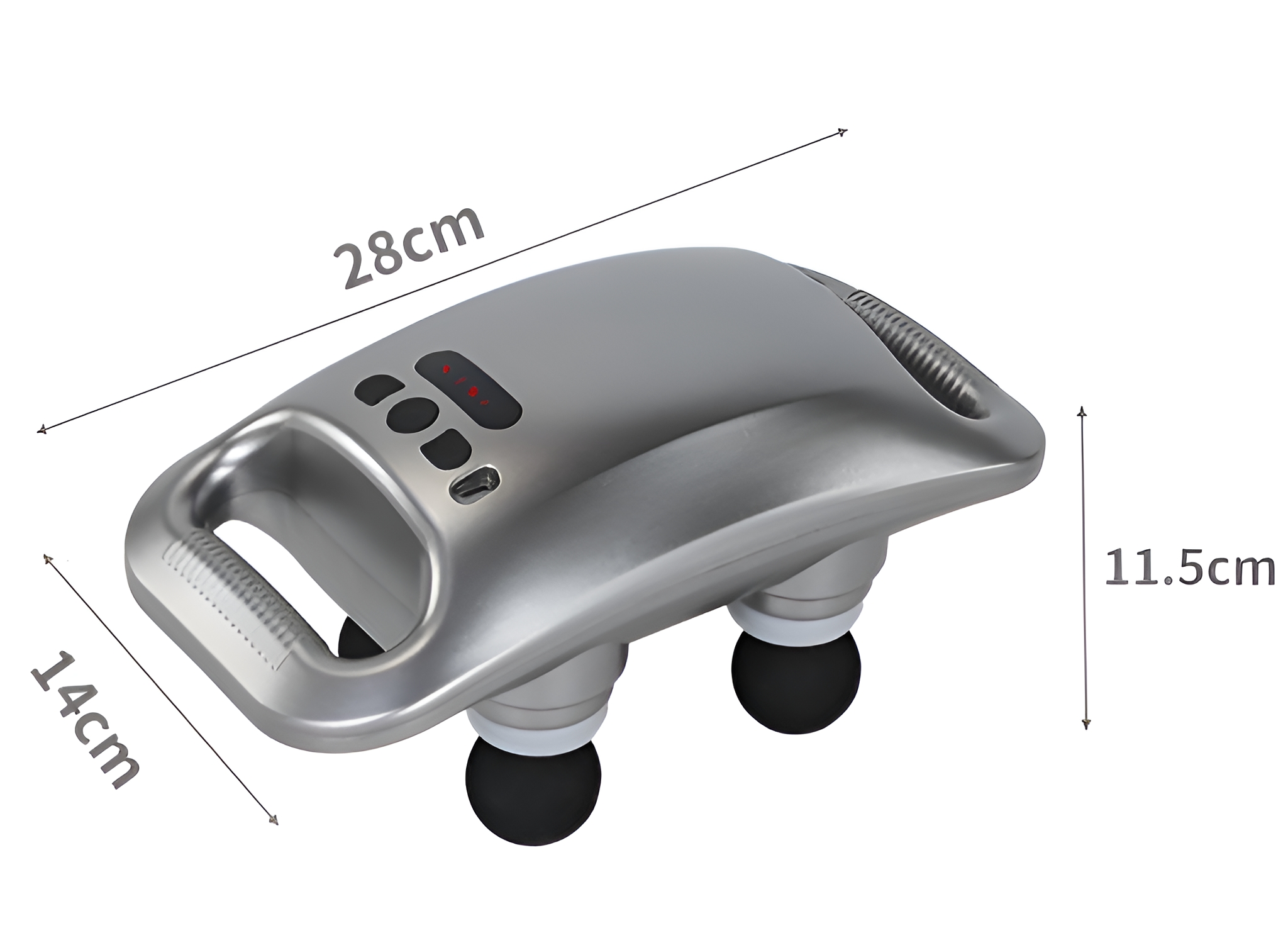 Silbernes Massagegerät mit zwei schwarzen Massageköpfen. Abmessungen: 28cm x 14cm x 11,5cm.