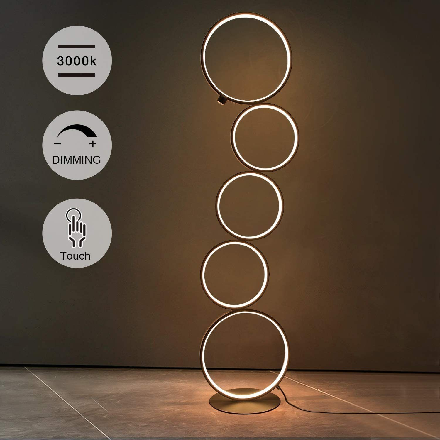 Eine hohe, moderne Stehlampe mit fünf Lichtkreisen und Touch-Steuerung. Dimmen ist möglich.
