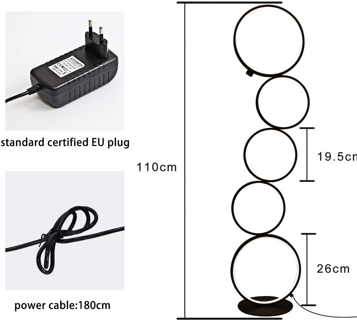 Schwarz-weiße Leuchte, Netzkabel und EU-Stecker mit Maßen.