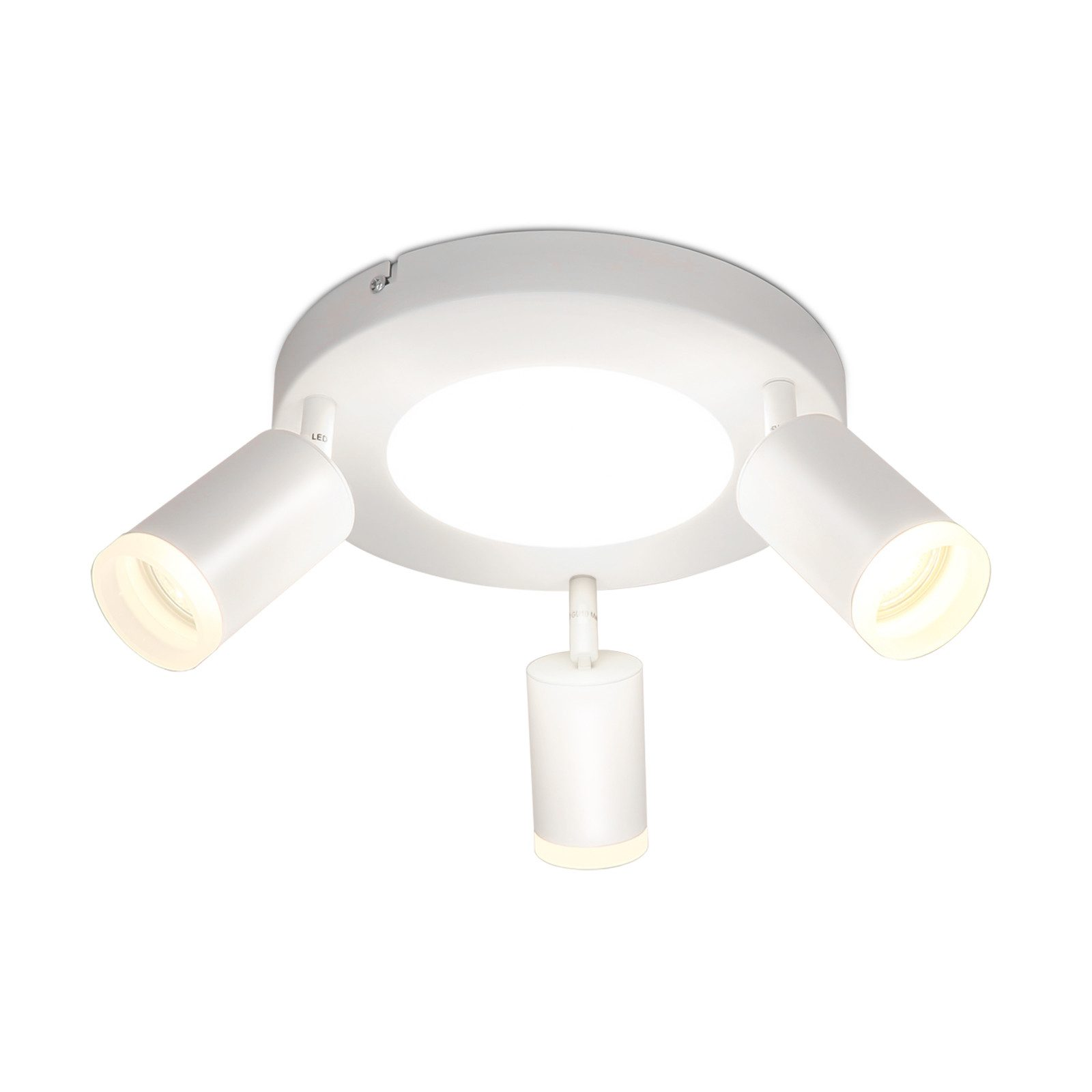 Lampada da soffitto bianca con tre faretti, uno centrale, due angolati, tutti emettono luce.