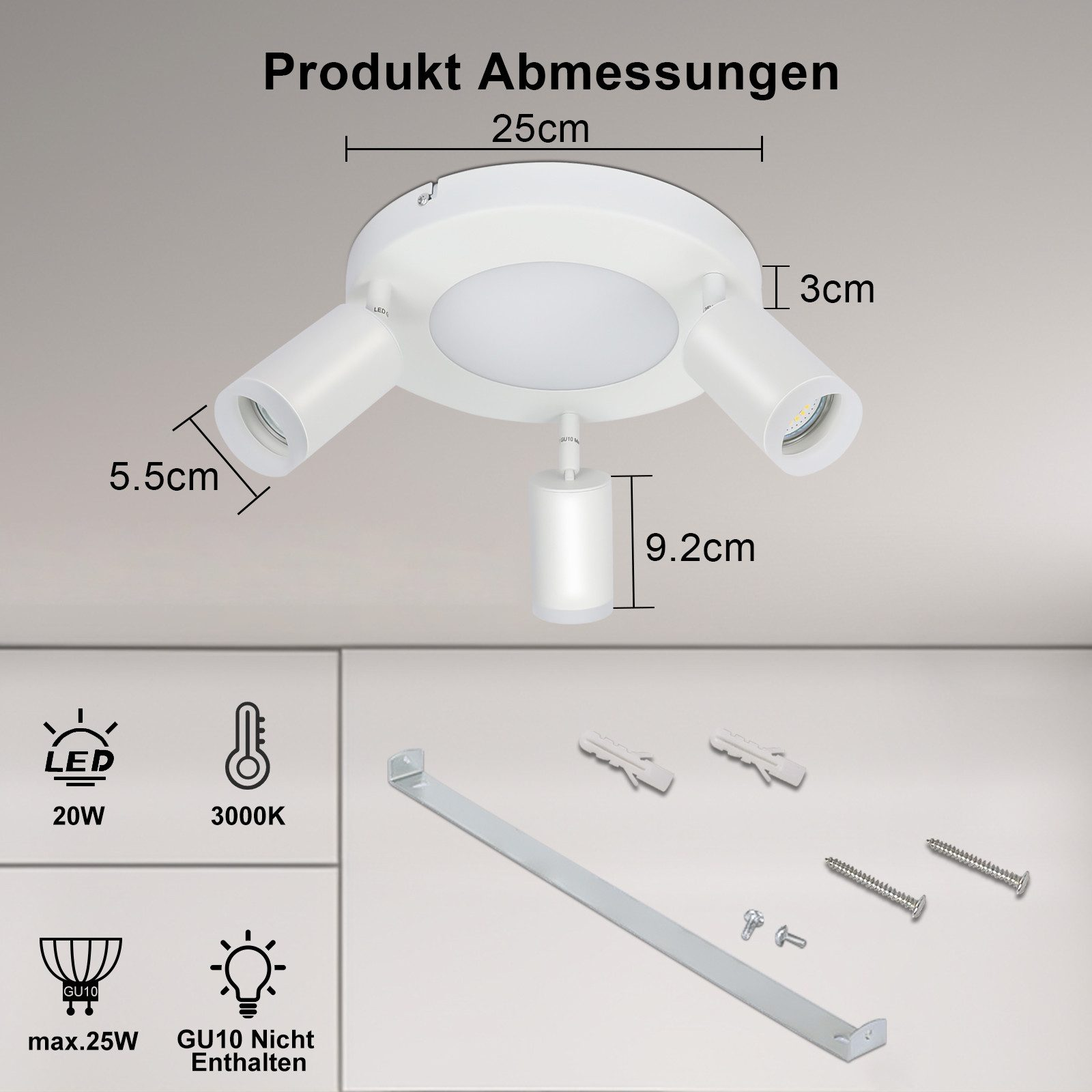 Un apparecchio di illuminazione a soffitto bianco con tre faretti regolabili, accompagnato da dimensioni e specifiche.