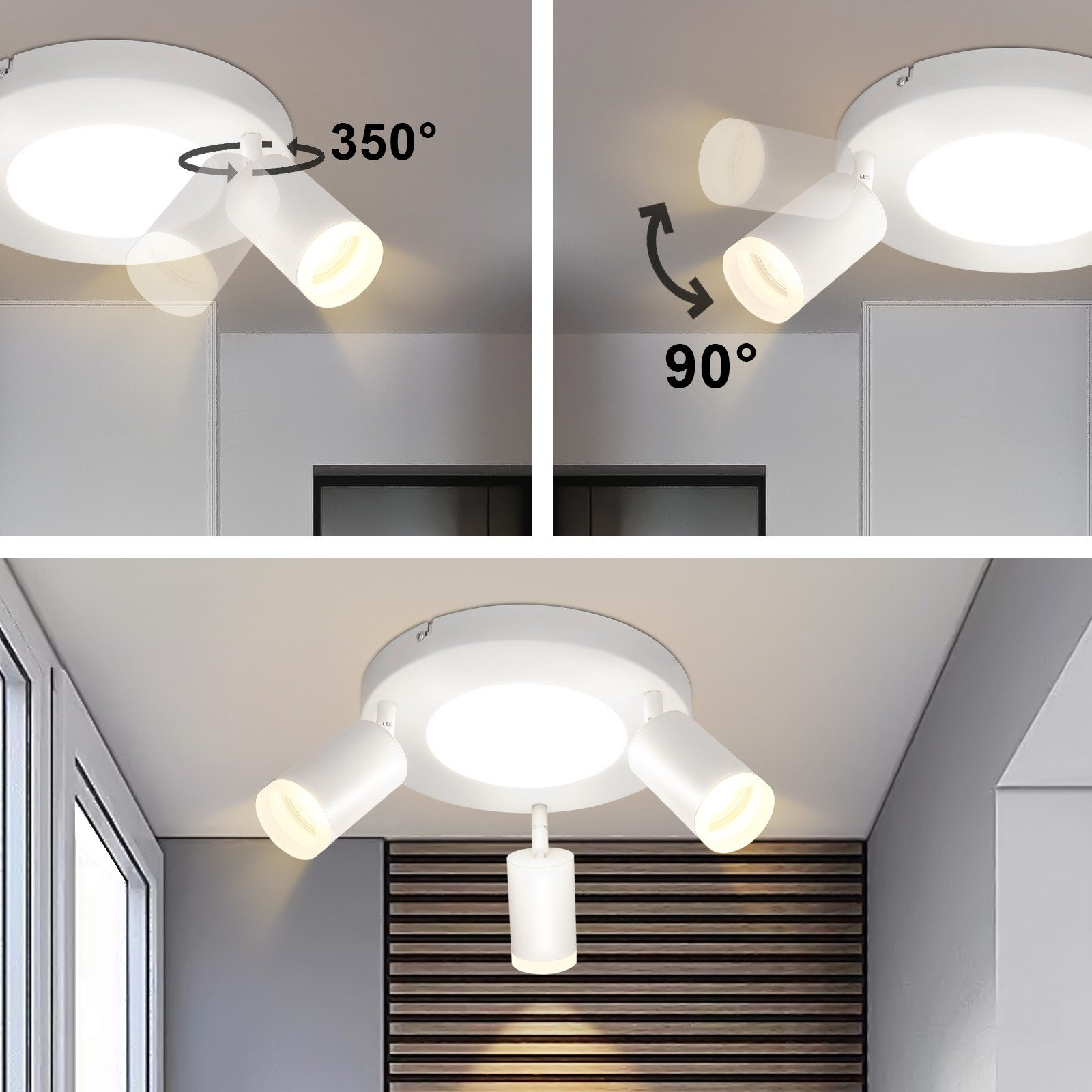Illuminazione a soffitto con faretti regolabili, che mostrano angoli di rotazione e inclinazione.