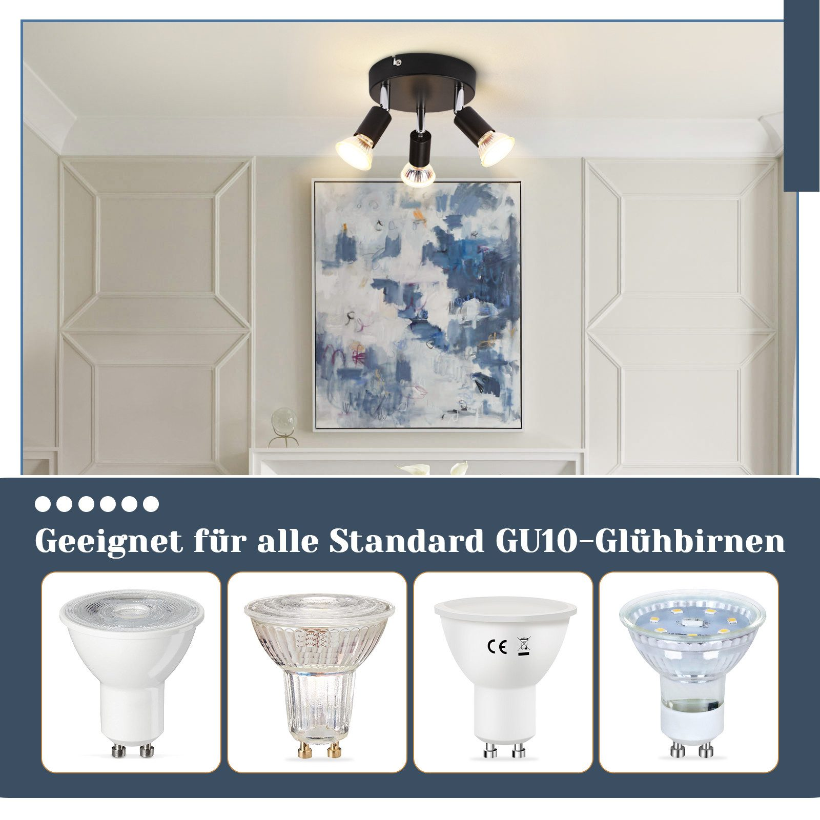 Faretti neri a soffitto. Sotto, un dipinto sul muro. Vengono mostrate diverse lampadine GU10.