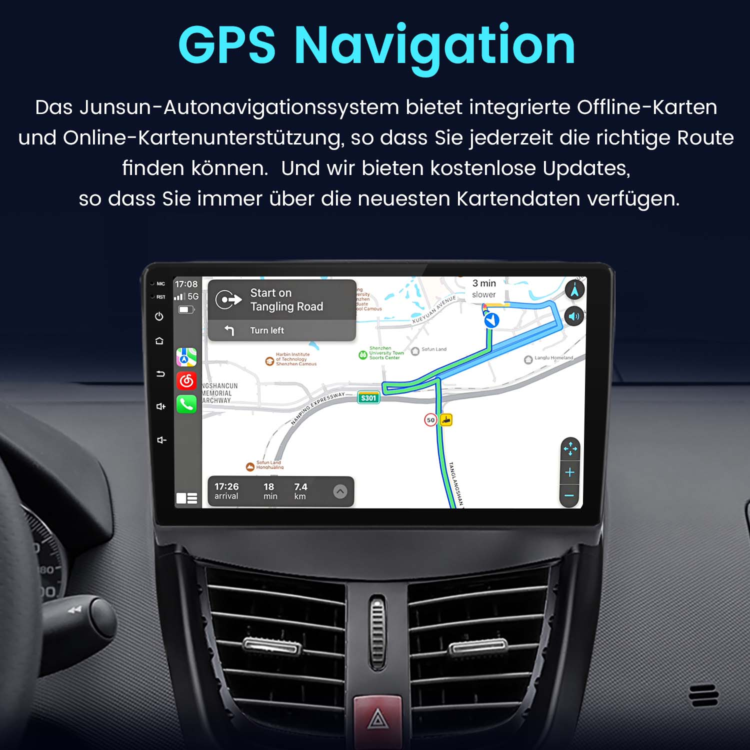 Ekran nawigacji GPS w samochodzie. Wyświetla mapę i wskazówki. Deska rozdzielcza na pierwszym planie.