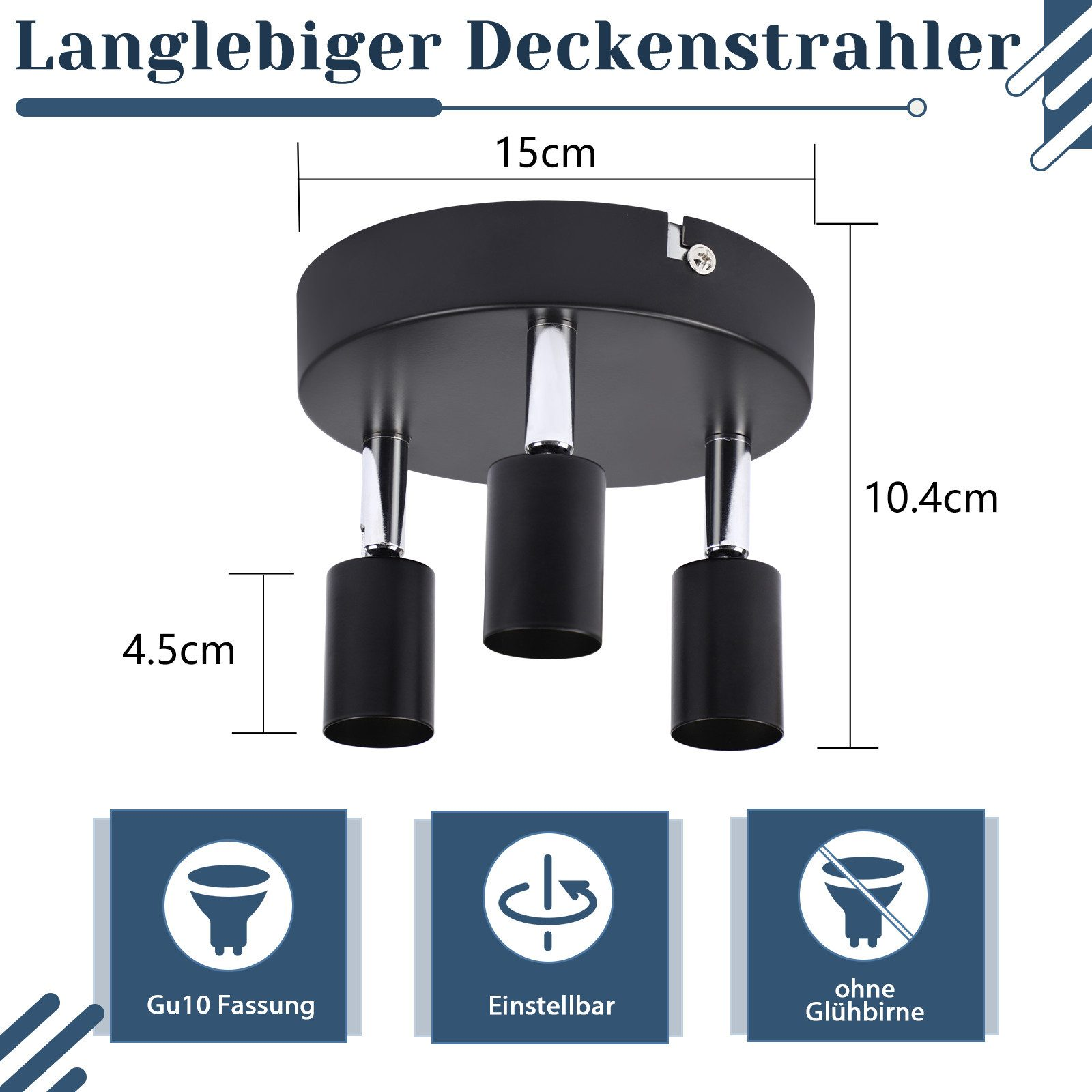 Faretto da soffitto nero con tre luci. Dimensioni etichettate e caratteristiche. Gu10, regolabile, senza lampadina.