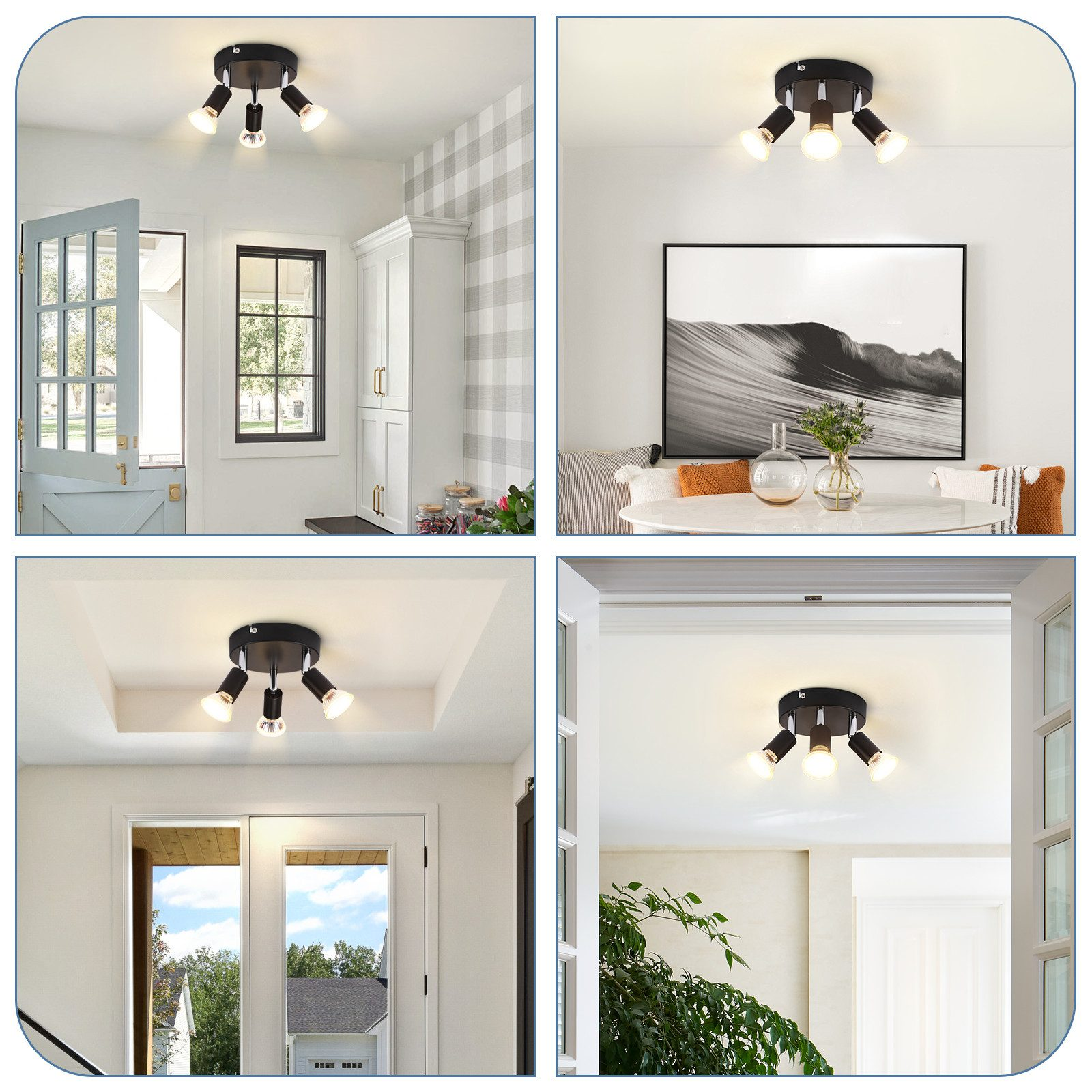 Quattro immagini che mostrano diverse stanze con faretti neri sul soffitto.