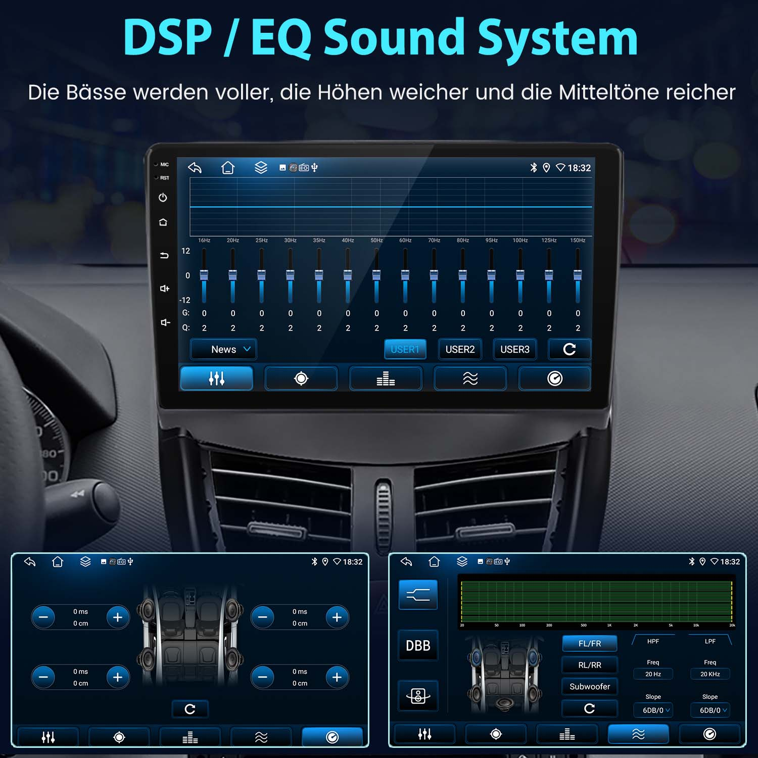 Interfejs systemu audio w samochodzie, pokazujący ustawienia DSP/EQ, basów i subwoofera.