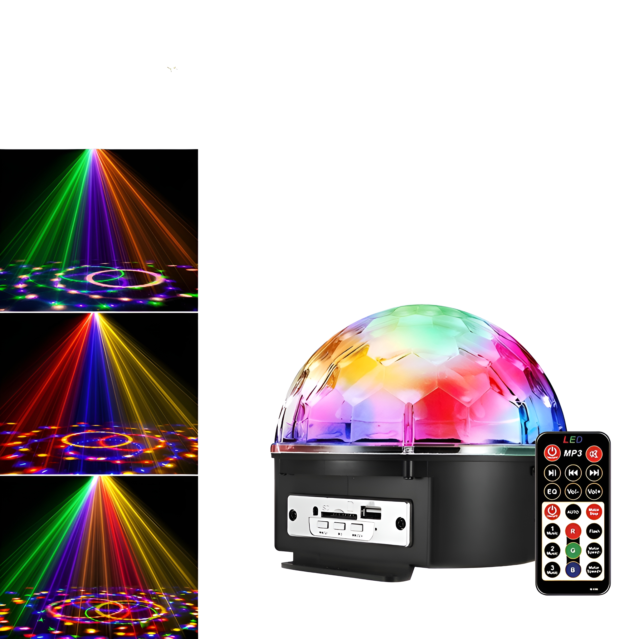 Eine Discokugel mit Fernbedienung, die verschiedene farbenfrohe Lichtmuster auf einer Oberfläche zeigt.