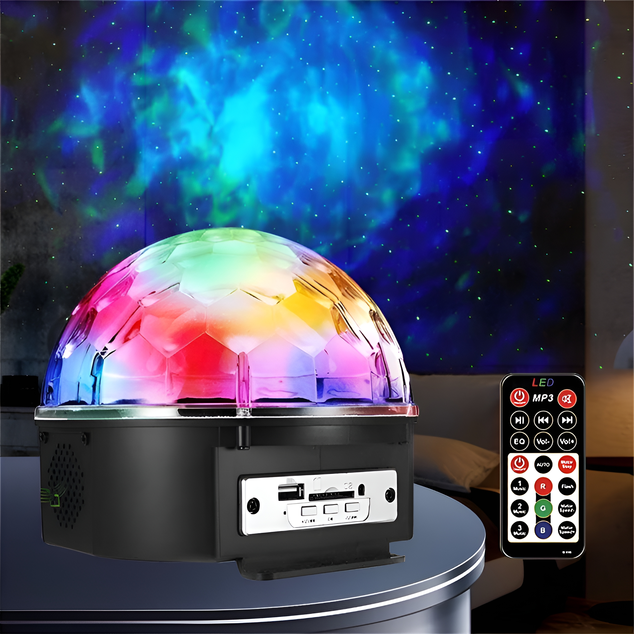 Eine bunte Discokugel, die Licht reflektiert, mit einer Fernbedienung und einem dunklen Hintergrund.