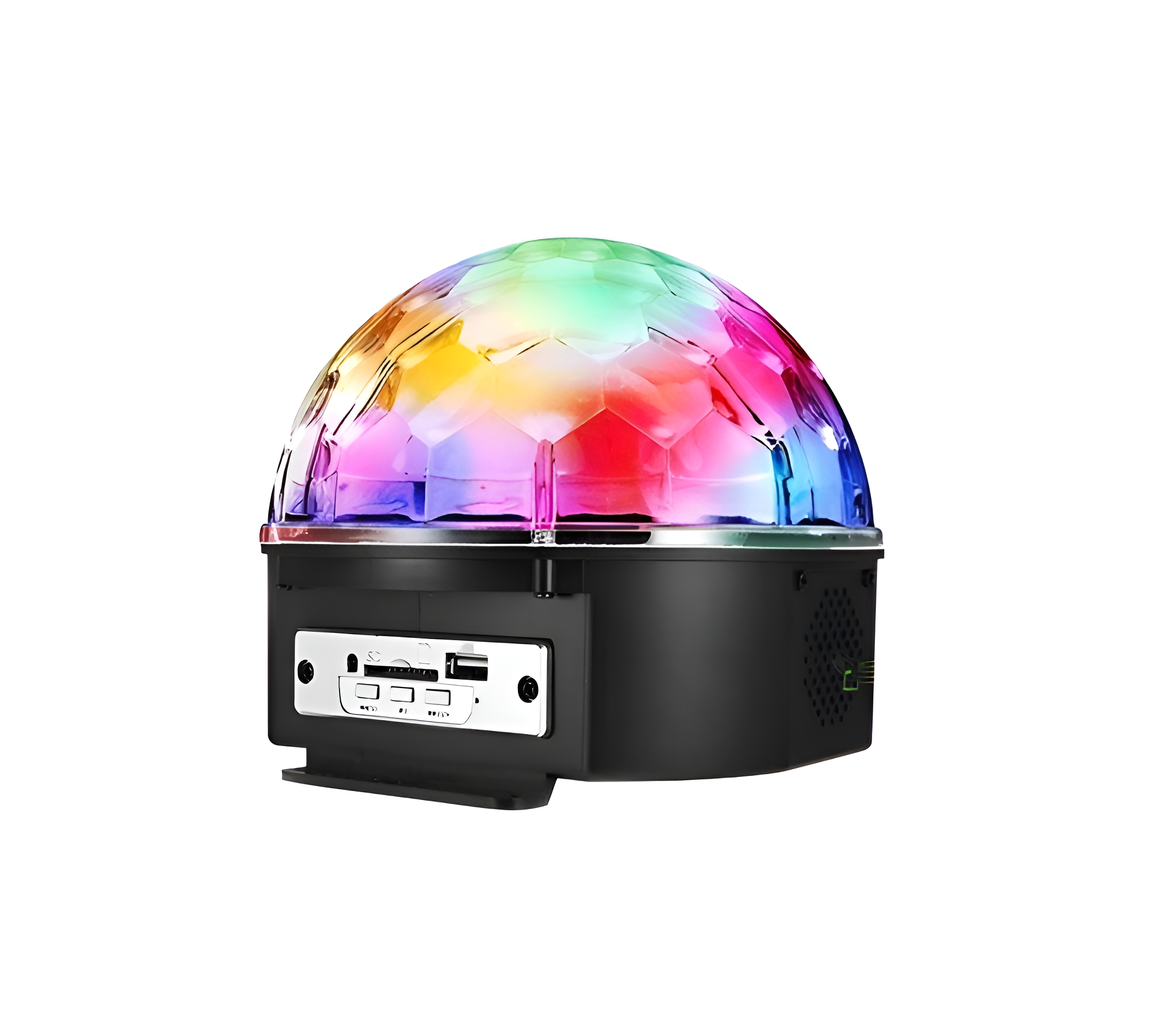 Bunter Discokugel-Lautsprecher. Er hat eine schwarze Basis mit Knöpfen und USB-Anschluss.