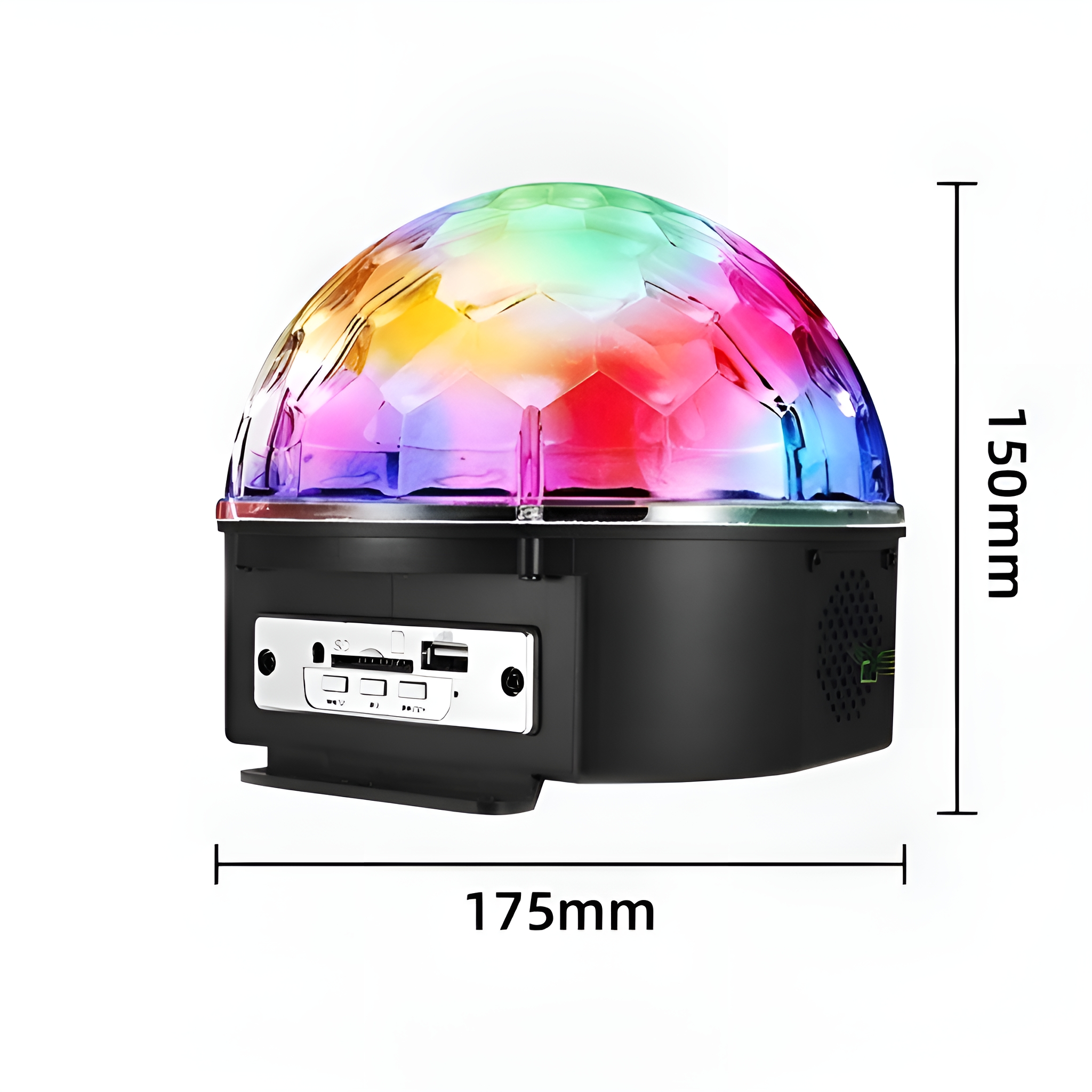 Eine Discokugel mit bunten Lichtern, mit angegebenen Abmessungen.