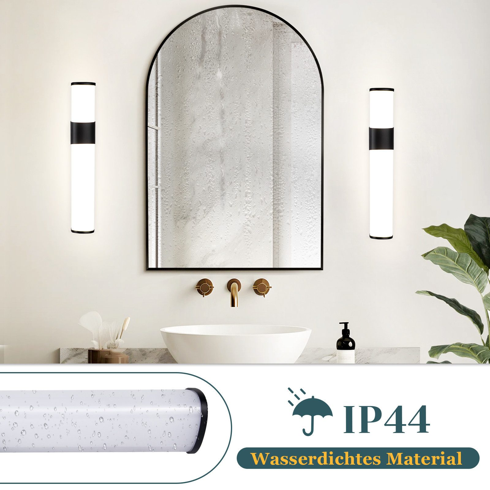 Bagno con specchio, luci, lavandino e materiale resistente all'acqua.