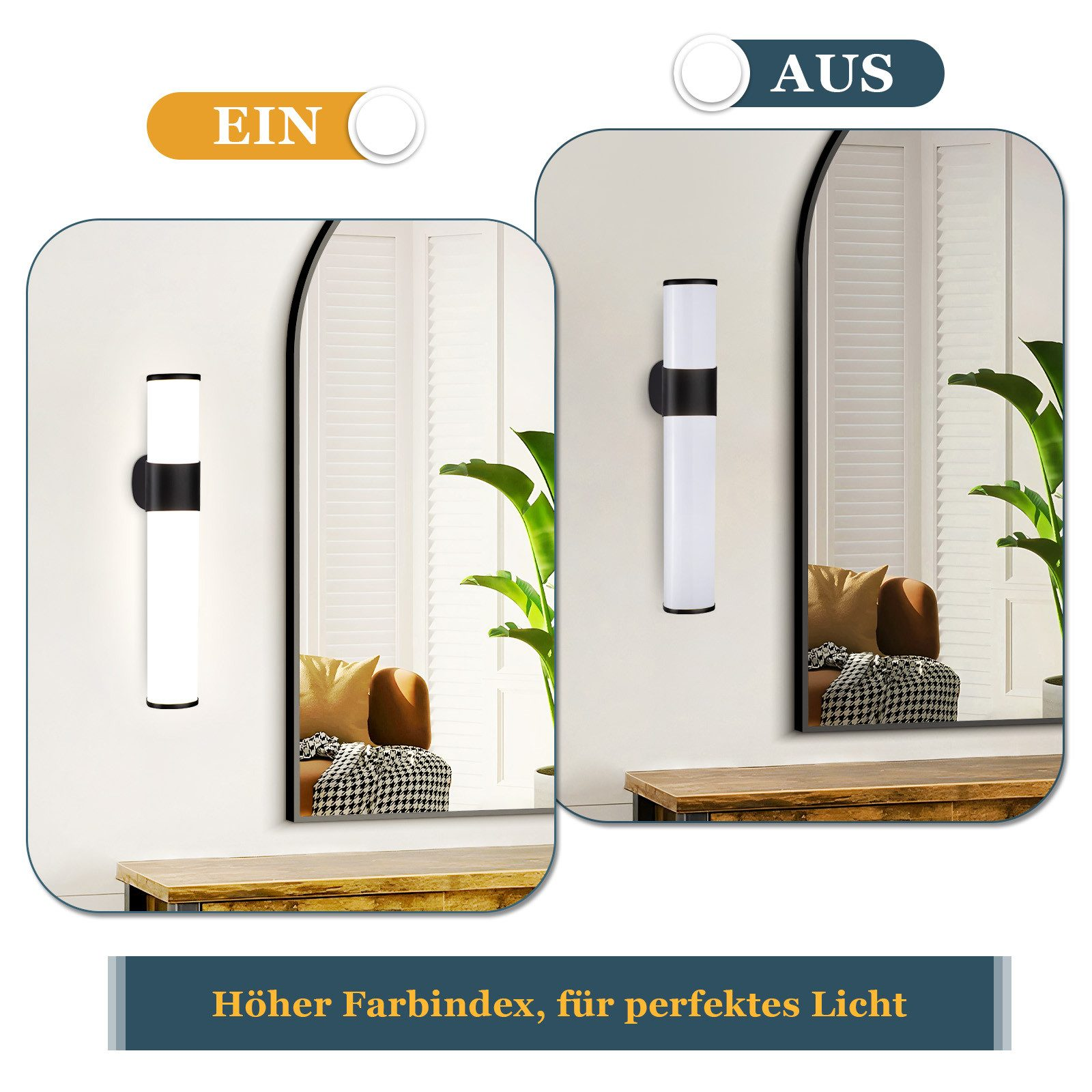 Due applique, una accesa e una spenta, su un muro bianco. Testo: Indice di colore più alto, per una luce perfetta.