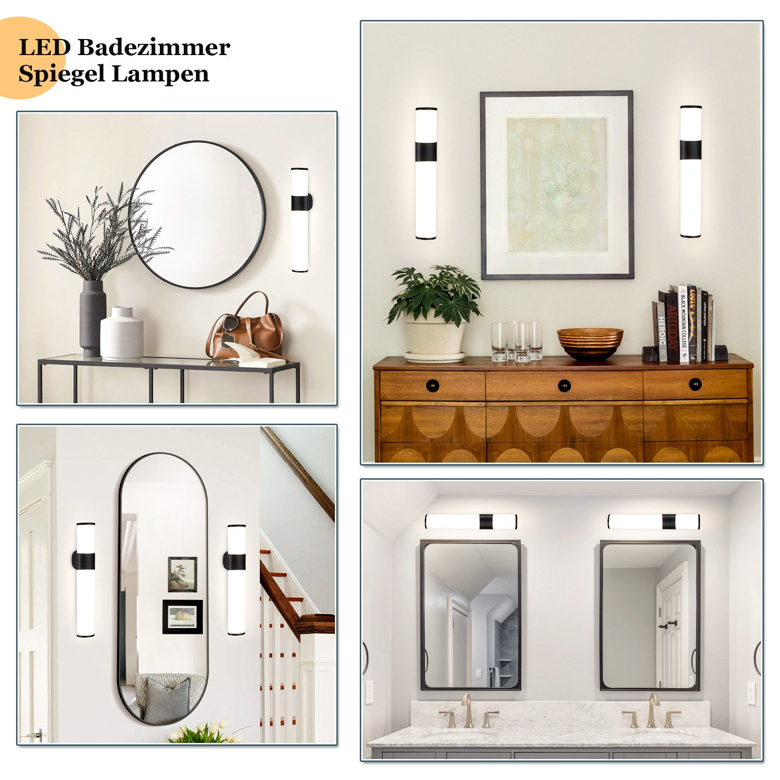 Illuminazione bagno con vari specchi e lampade, che mostra diversi stili e design.