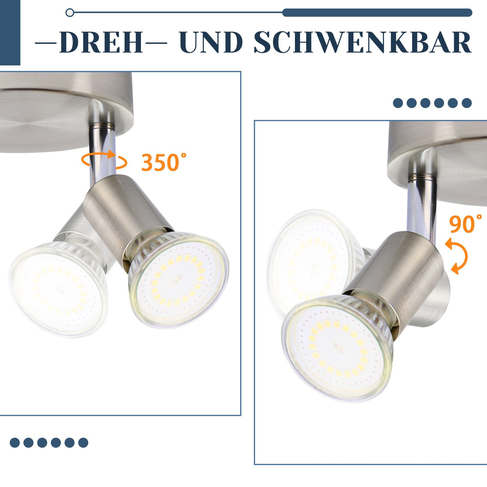 Faretto orientabile che può ruotare di 350 gradi e 90 gradi. Il prodotto è argentato.