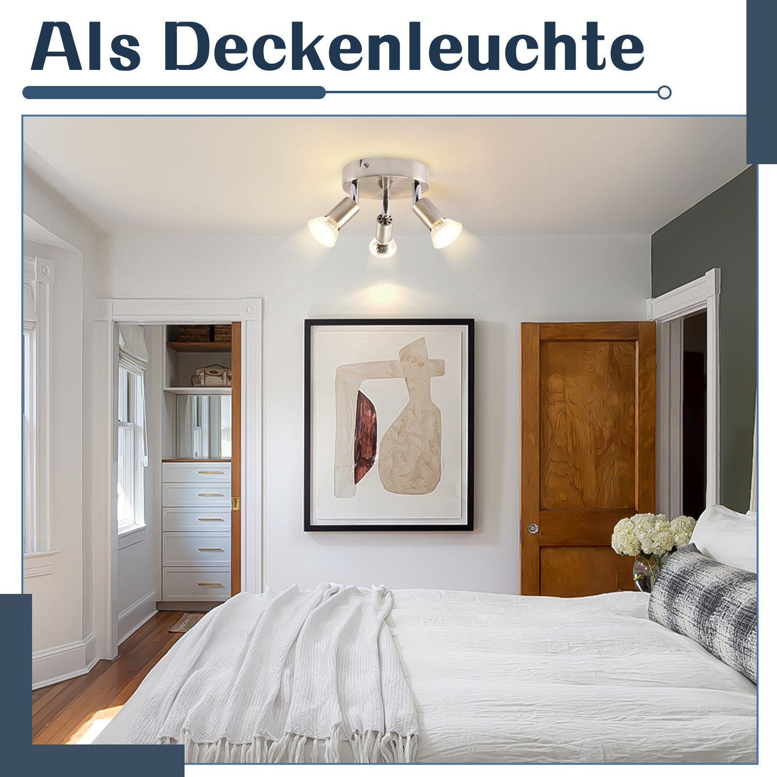 Camera da letto con letto, opera d'arte e faretti a soffitto.