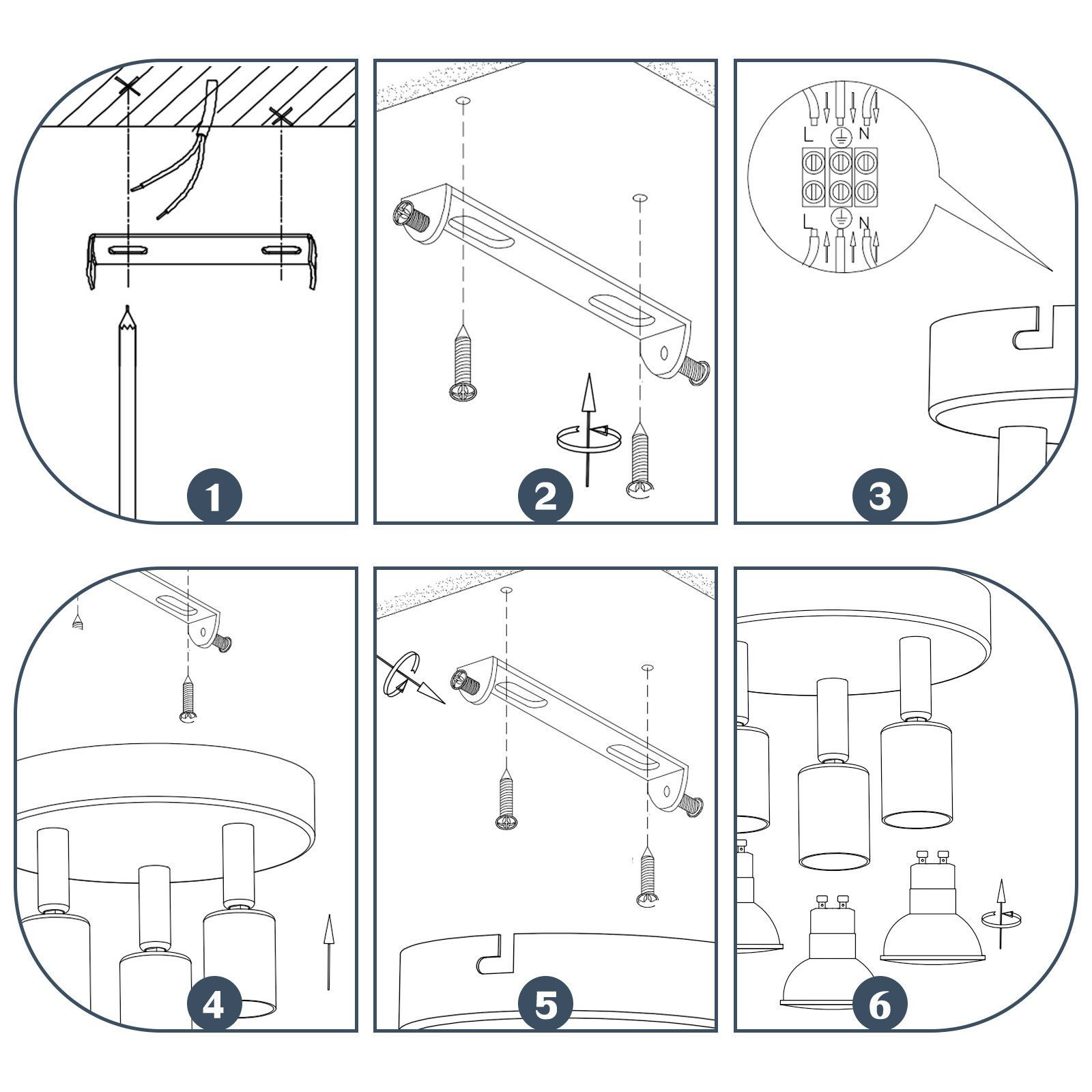 Sei passaggi dell'installazione della luce a soffitto, che mostrano il processo di montaggio al soffitto.