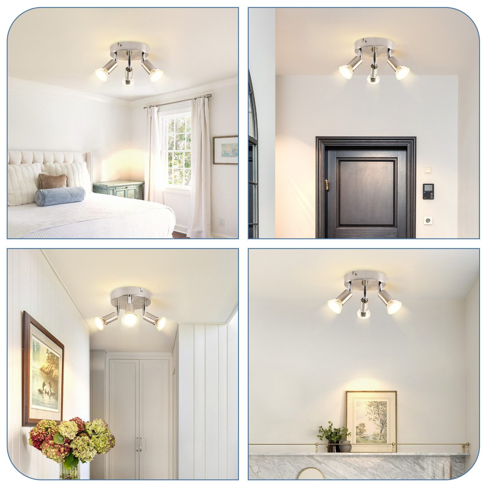 Quattro immagini che mostrano diverse impostazioni con un apparecchio di illuminazione a soffitto con faretti regolabili.