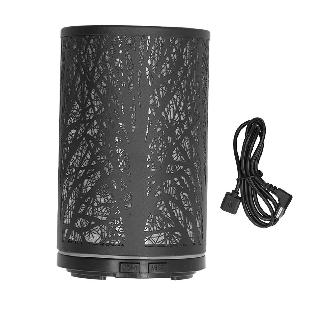Schwarzer Diffusor für ätherische Öle mit Baumdesign und USB-Kabel, beides auf Weiß.