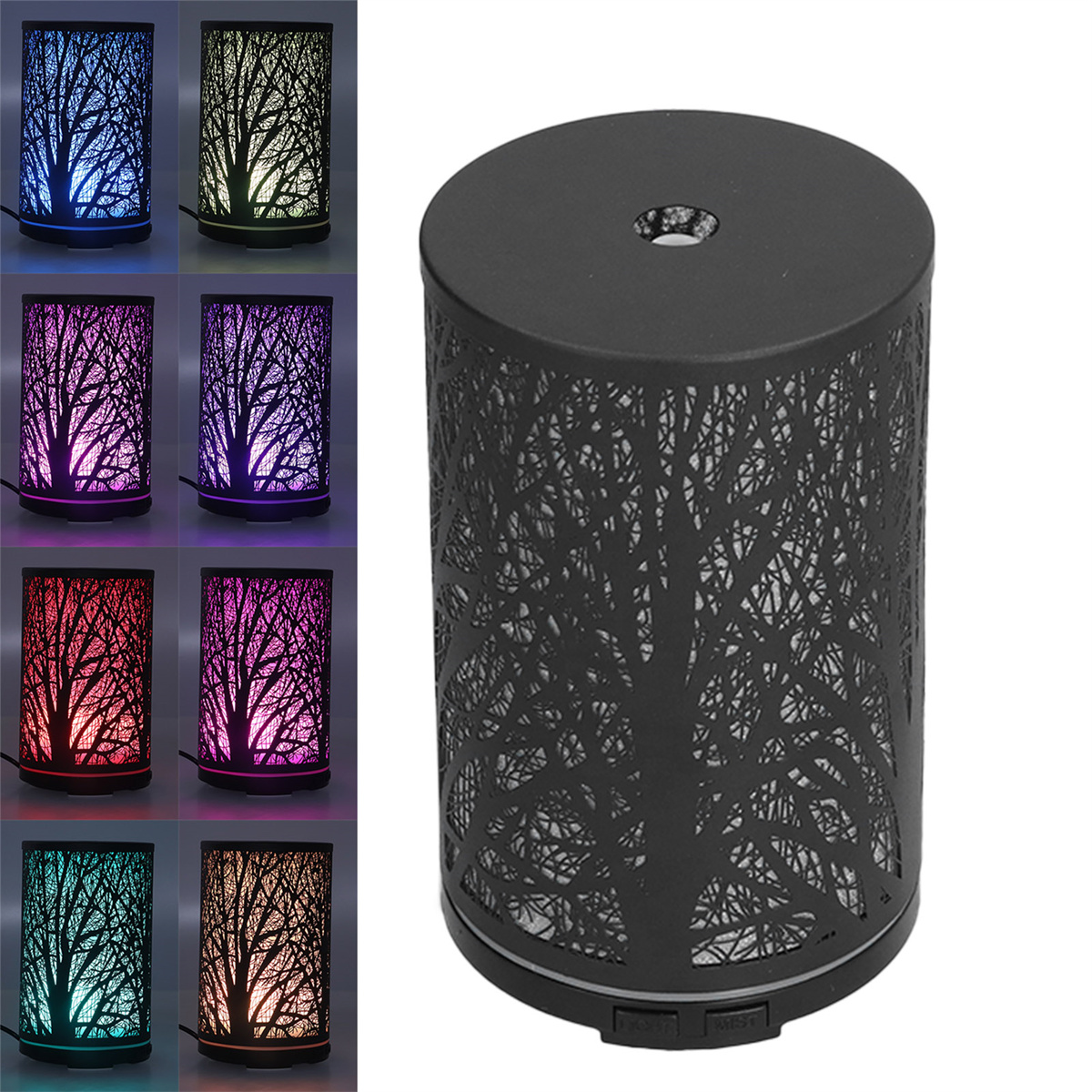 Schwarzer Diffusor mit Baumdesign, der farbenfrohe Lichtmuster in verschiedenen Farboptionen ausstrahlt.