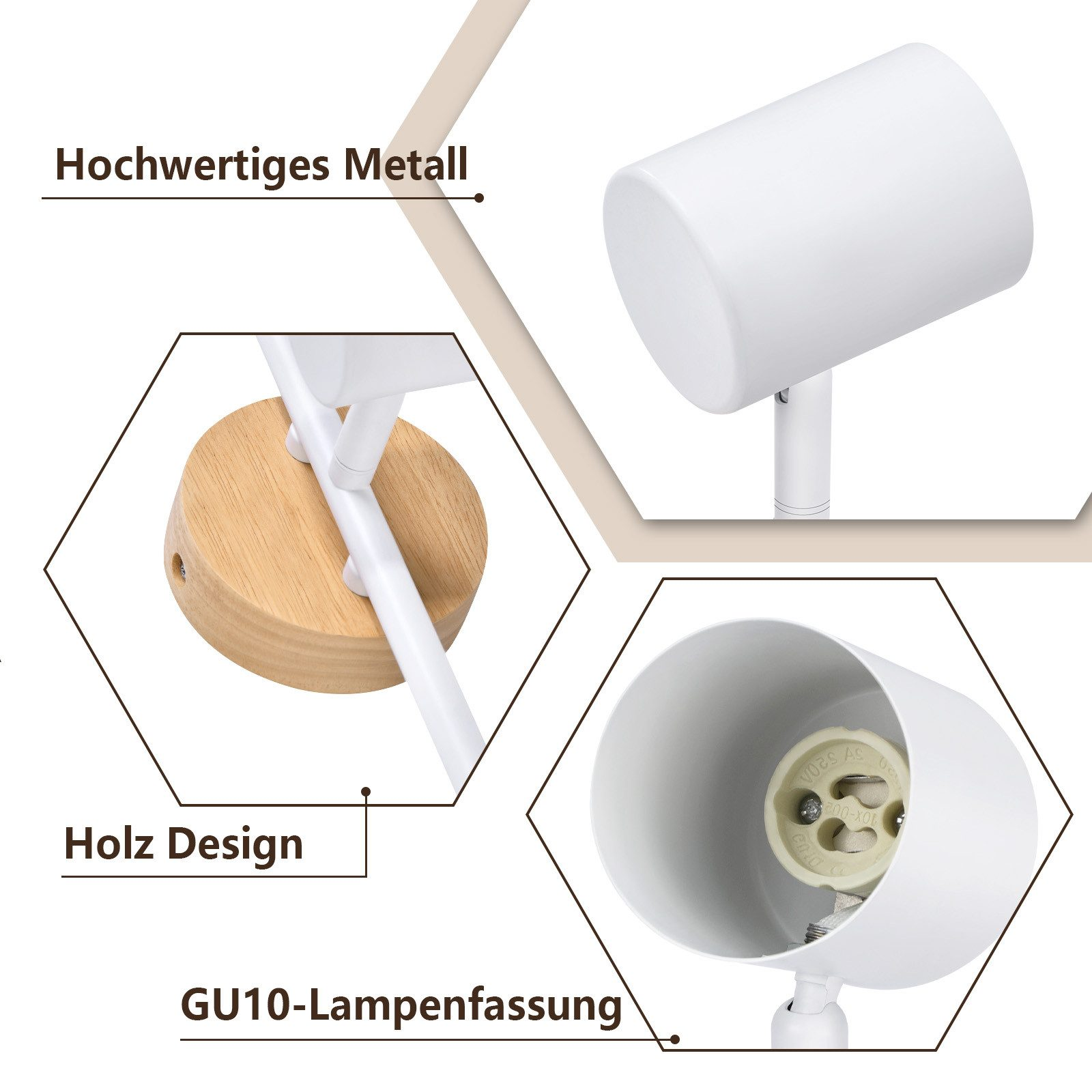 Zbliżenie białej lampy z drewnianą podstawą i metalowymi detalami. Widoczny gwint GU10.