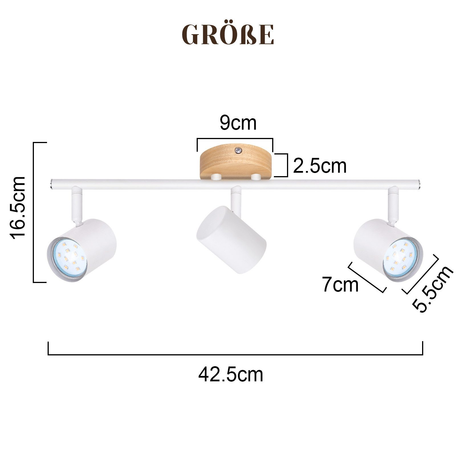 Schemat białej oprawy reflektorowej z wymiarami: wysokość 16,5 cm, długość 42,5 cm oraz szerokości 9 cm i 7 cm.