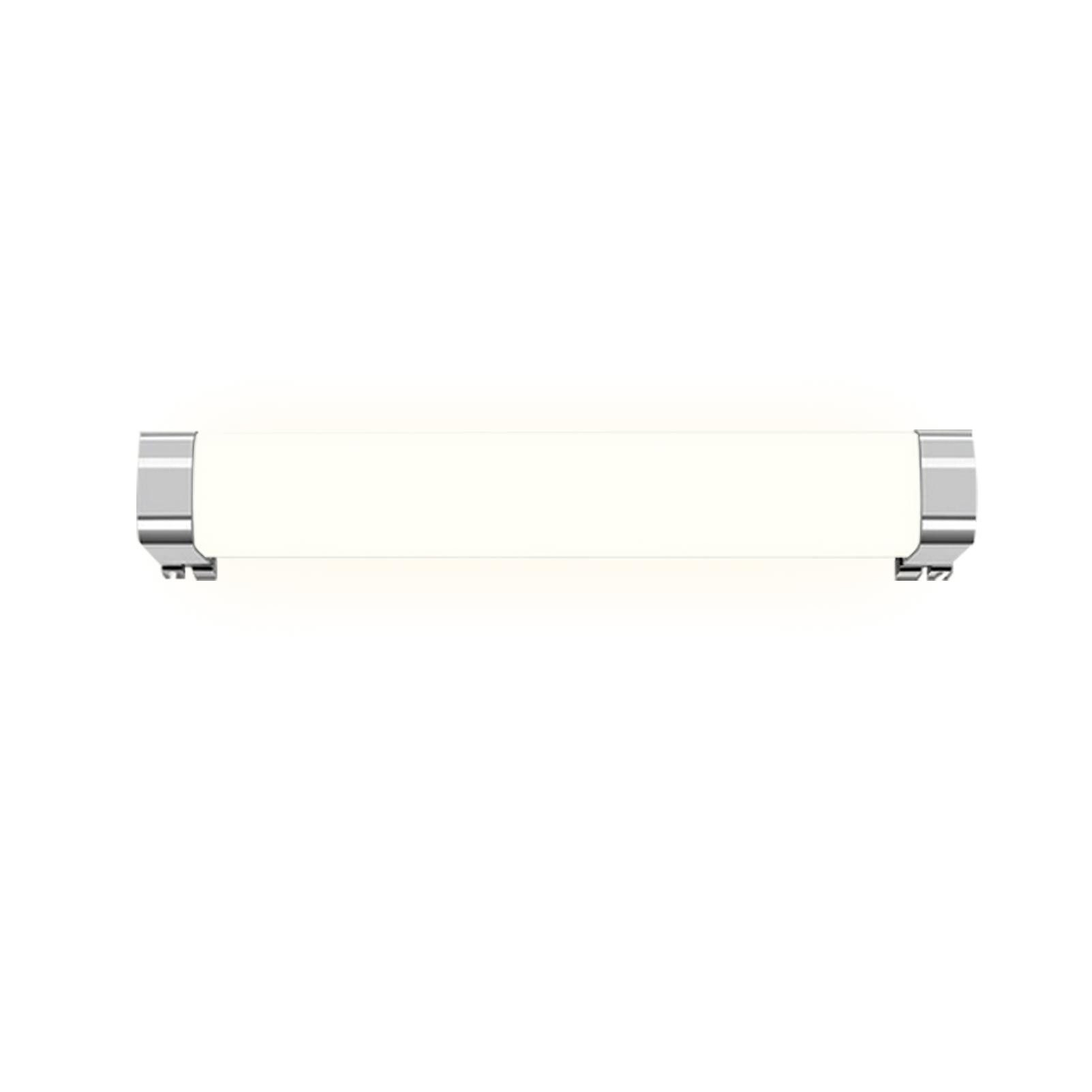 Apparecchio di illuminazione a LED lungo, rettangolare, argento e bianco. La luce è accesa.
