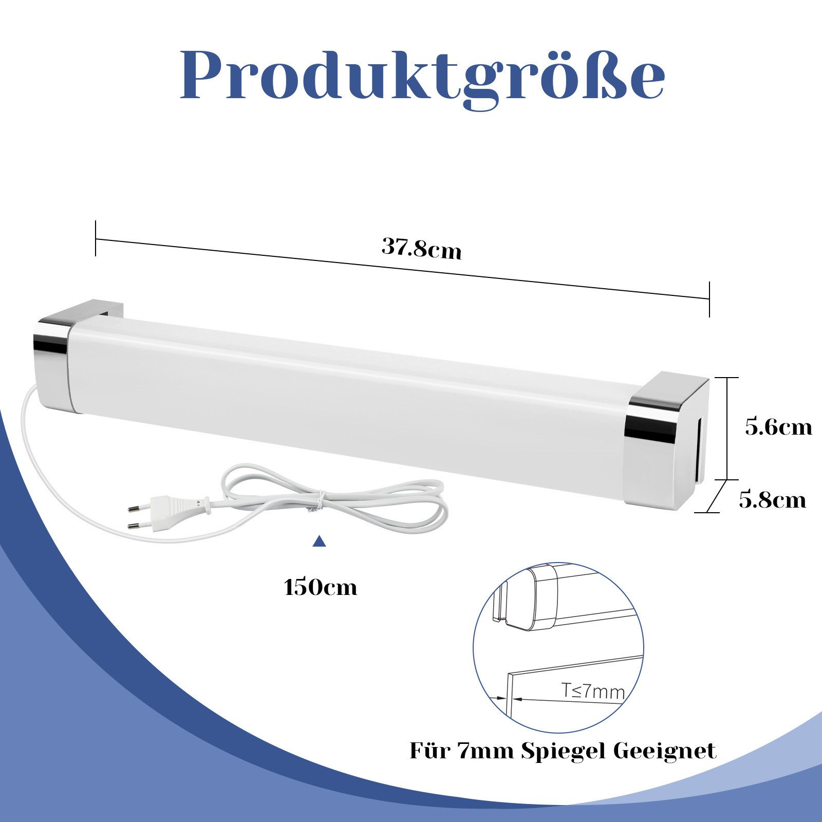 Il diagramma mostra le dimensioni di una barra LED bianca con spina e cavo di alimentazione.