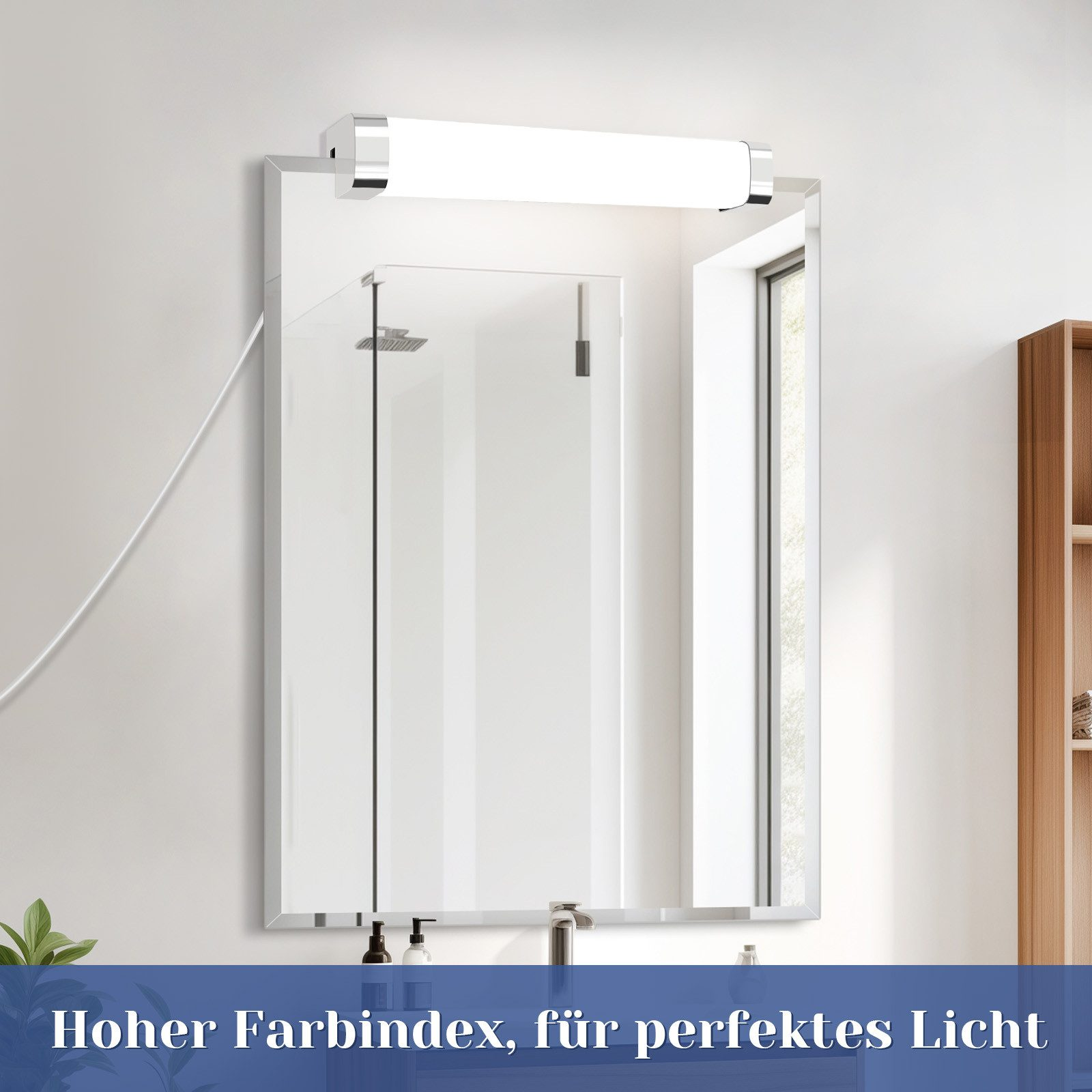 Specchio con luce, che riflette una doccia. Il testo indica un alto indice di colore per una luce perfetta.