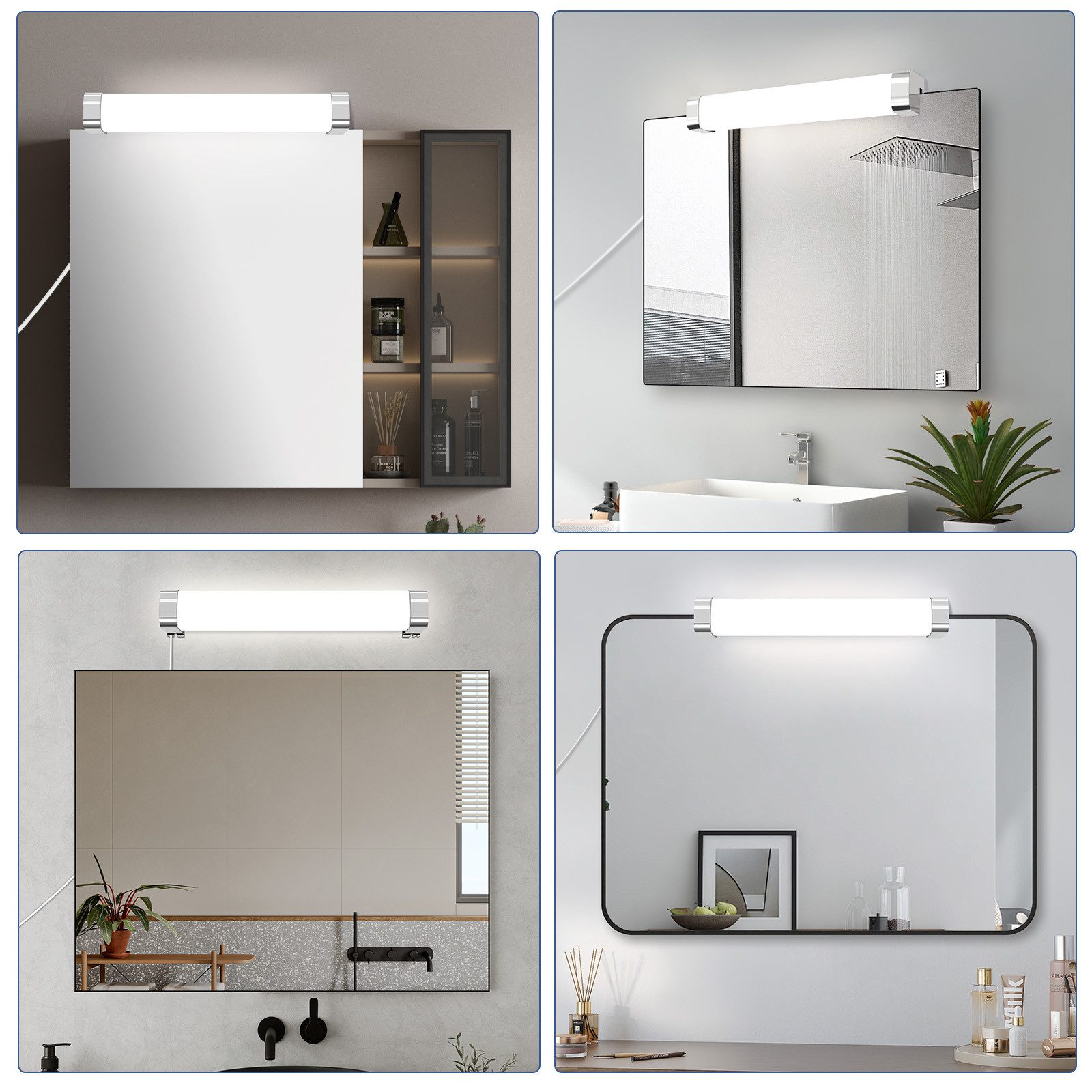 Quattro immagini di uno specchio da bagno con luce integrata, che mostrano diversi design e impostazioni.