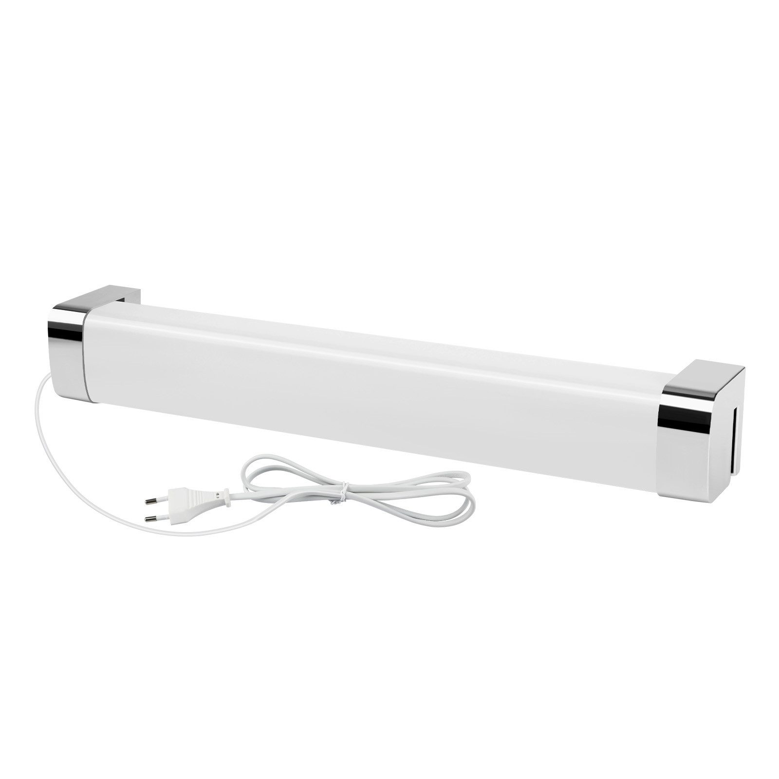 Weißer, rechteckiger LED-Lichtkörper mit Chromakzenten, auf weißem Hintergrund.