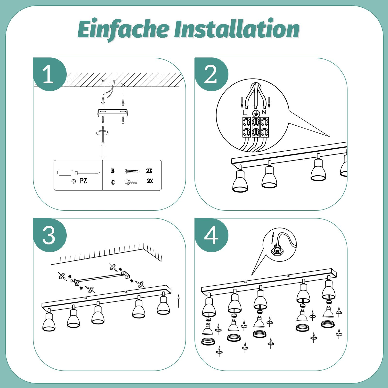 Guida all'installazione. Quattro illustrazioni passo-passo che mostrano come installare le luci a soffitto.