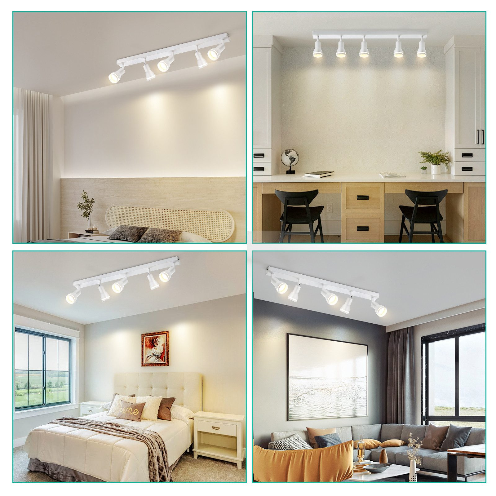 Quattro foto che mostrano diverse stanze con lampade a soffitto.